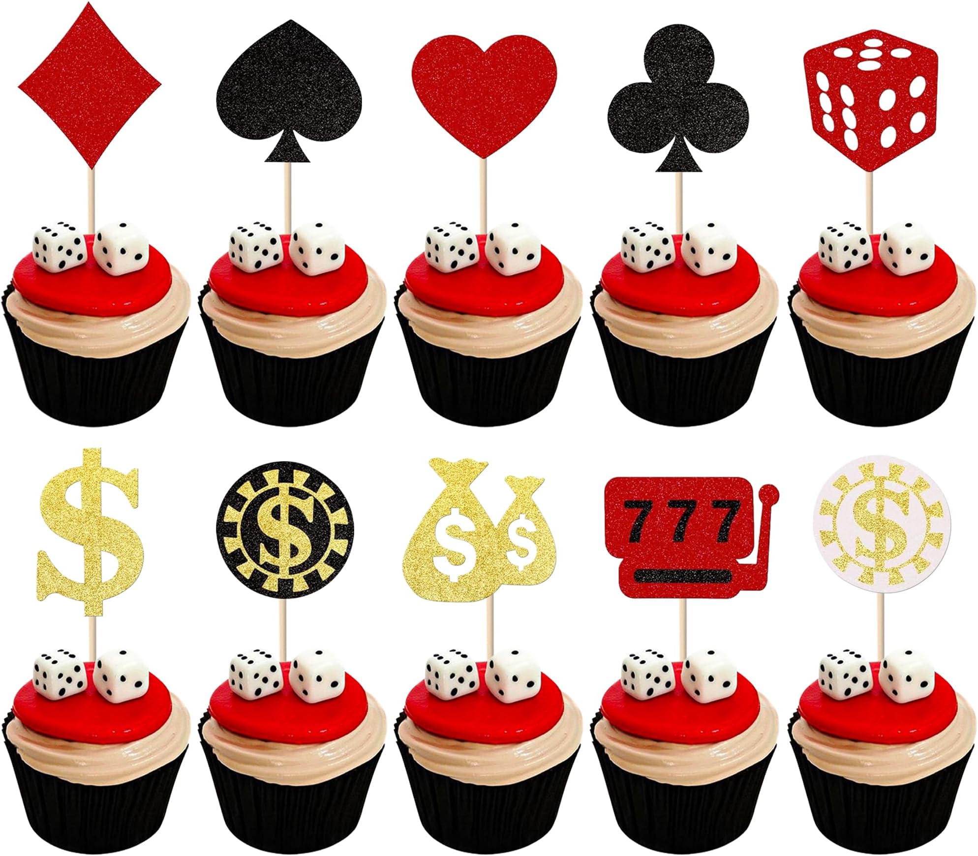 SYKYCTCY 30 Pack Casino Cupcake toppers Glitter Poker Heart Cupcake Picks Gambling Cupcake toppers Las Vegas Casino Night Theme Birthday Party Cake Decorations Supplies