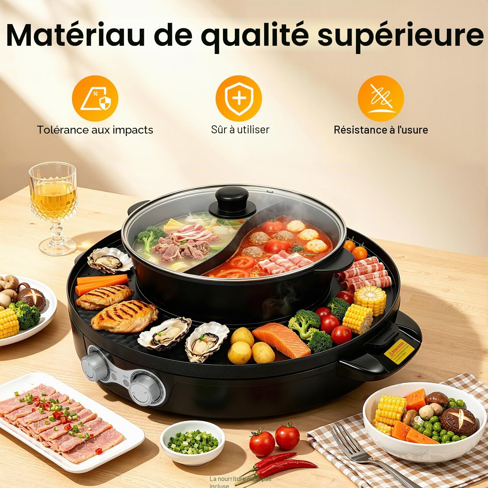 Hotpot et raclette 2 en 1, élément chauffant électrique en acier inoxydable, barbecue coréen, revêtement anti-adhésif, Hotpot pour mijoter, cuisiner, rôtir