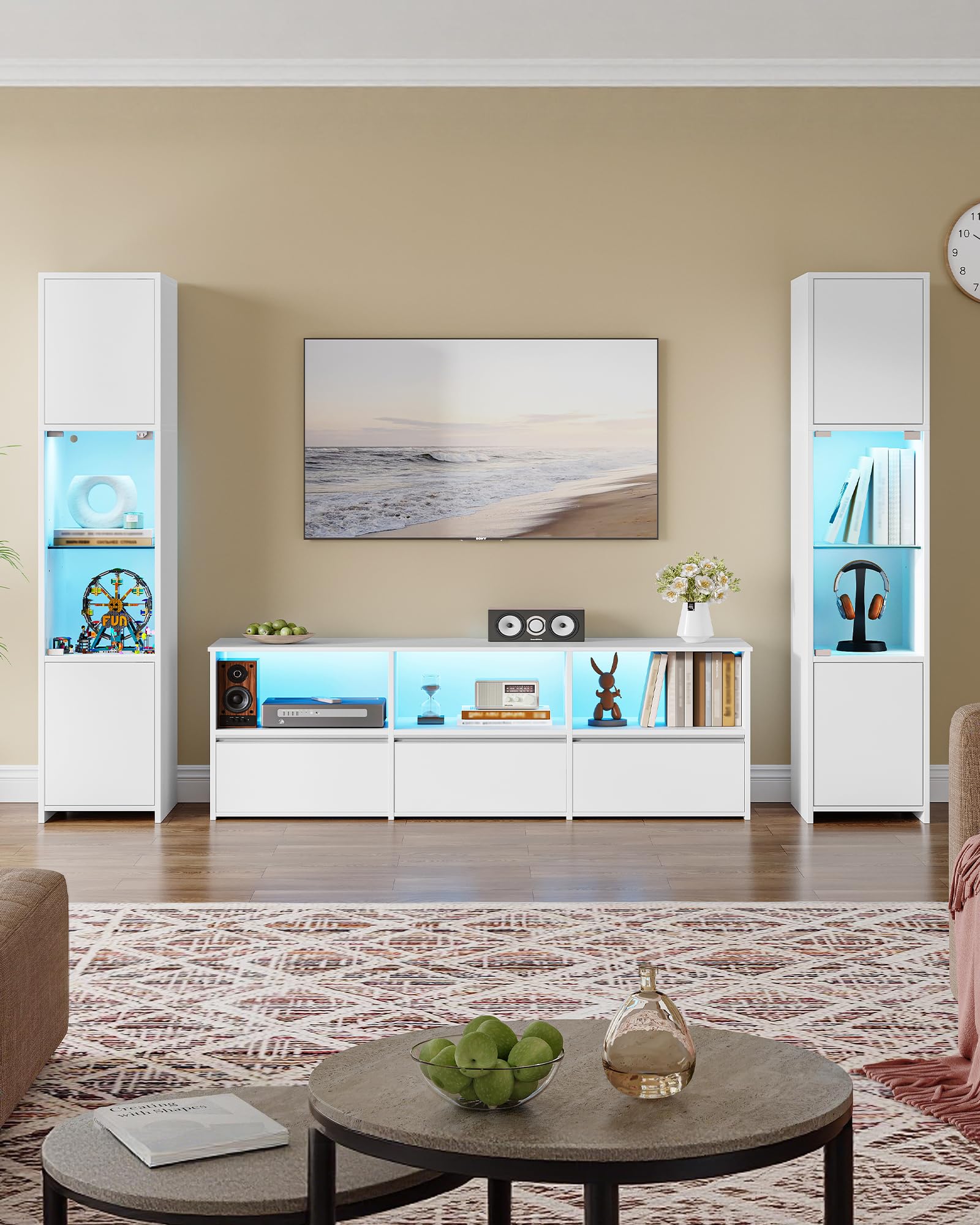 Hzuaneri Wohnwand, Weiß 3 Teiliges TV Möbel Set, mit LED Beleuchtung