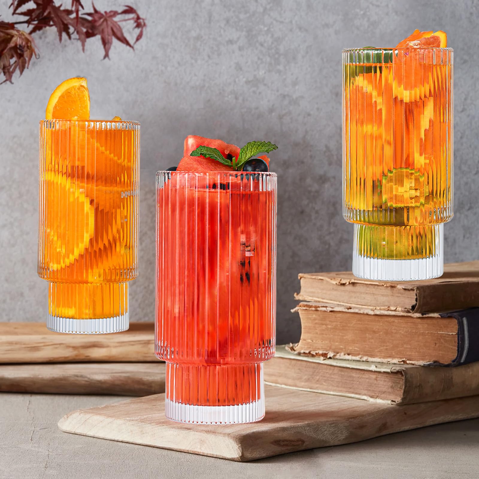 Verres à Bulles 4 Avec Paille 300ml - Verre Strié Vintage Pour Jus, Cocktails, Smoothies Verre Cafe Glacé