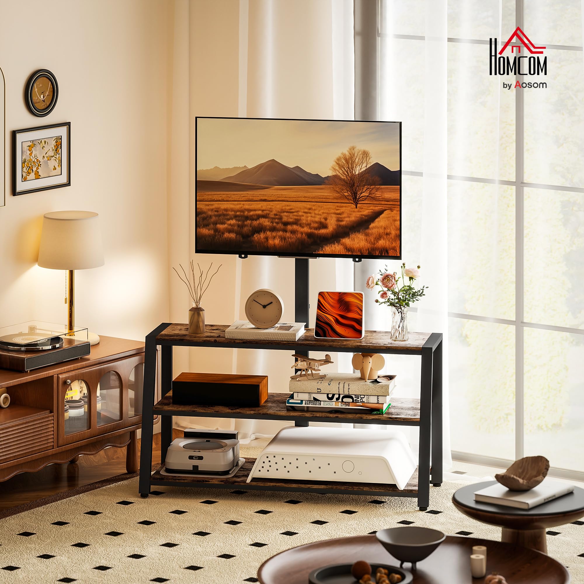 HOMCOM Meuble TV avec Support orientable 35°, Meuble télé pour téléviseurs de 32-70 Pouces, étagères Ouvertes, Banc TV Industriel pour Salon Chambre à Coucher, 108x41x135cm, Marron
