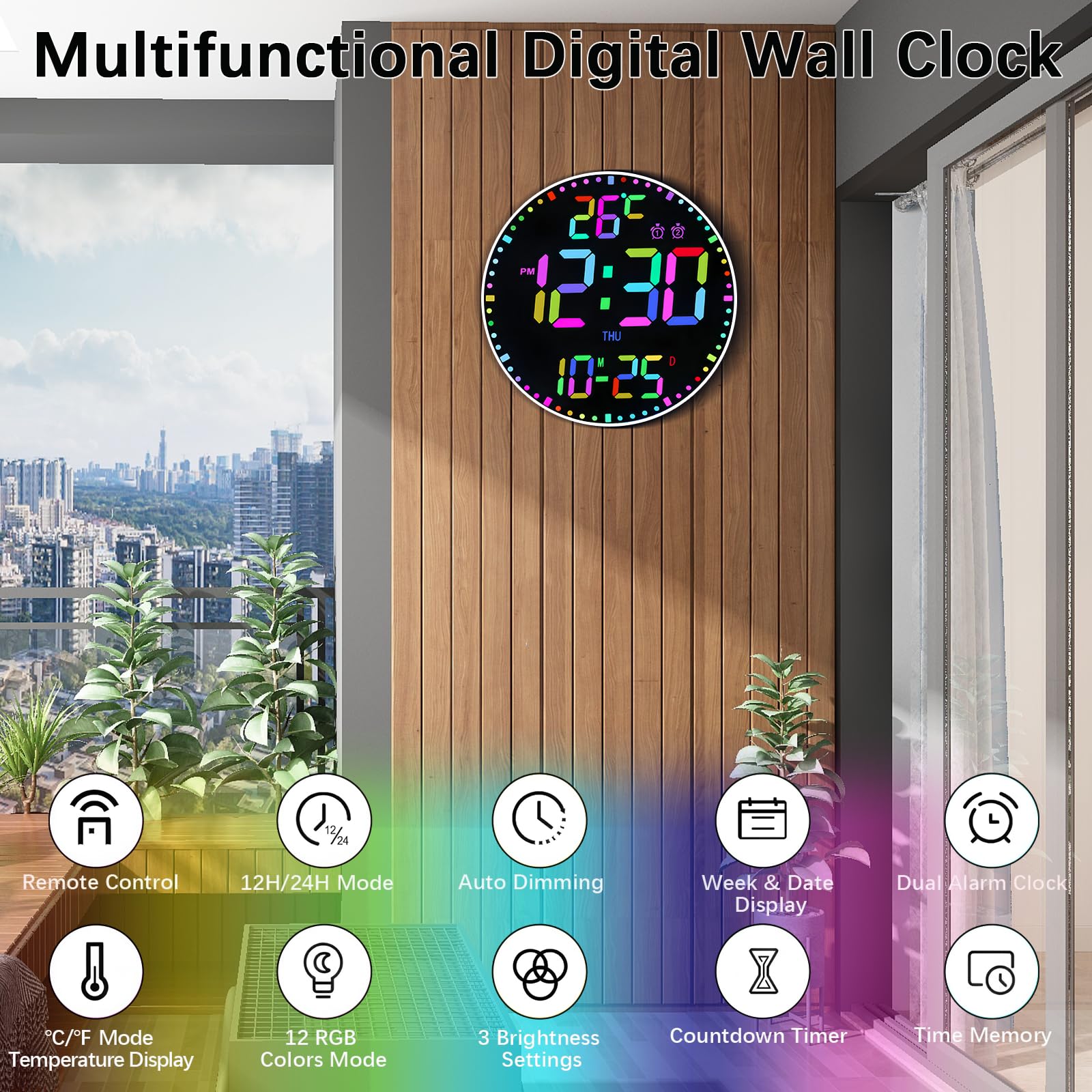 30,5 cm große digitale Wanduhr mit Fernbedienung, 12 RGB-Farben, automatisches Dimmen, Dual-Alarm, Temperaturdatum, Sommerzeit, LED-Wanduhr für Wohnzimmer, Büro, Fitnessstudio, Klassenzimmer