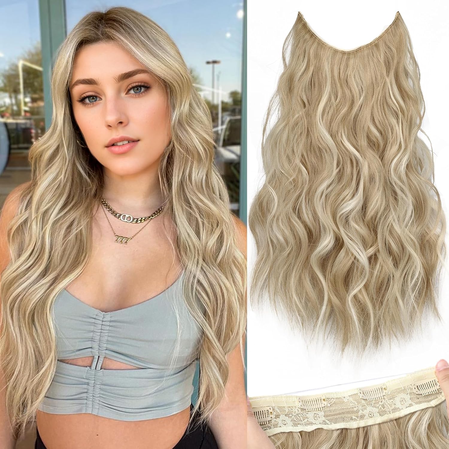 KooKaStyle Invisible Wire Hair Extensions with Transparent Wire Headband Adjustable Size 4 Secure Clips Long Wavy Synthetic Hairpiece for Women(20inch Beige Blonde mix Lvory Blonde Highlights) 20 Inch Beige Blonde mix Lvory Blonde Highlights