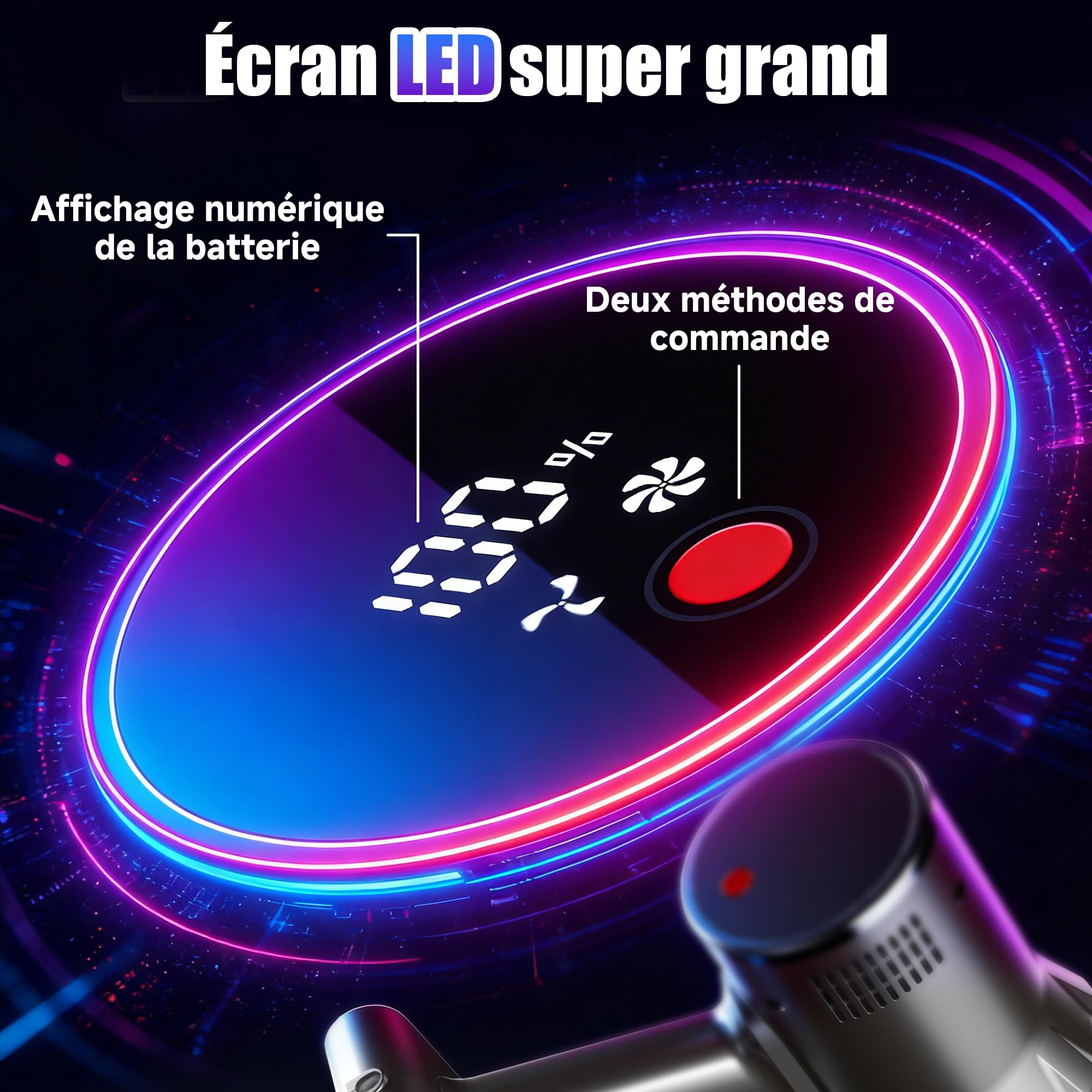 Hearten Aspirateur Balai sans Fil, 70000 Pa/70 Min, Ultra-Silencieux, avec Écran LED, Brosse Anti-Emmêlement en V, Utilisation Simplifiée, Tient Debout, pour Tapis, Sols Durs et Animaux