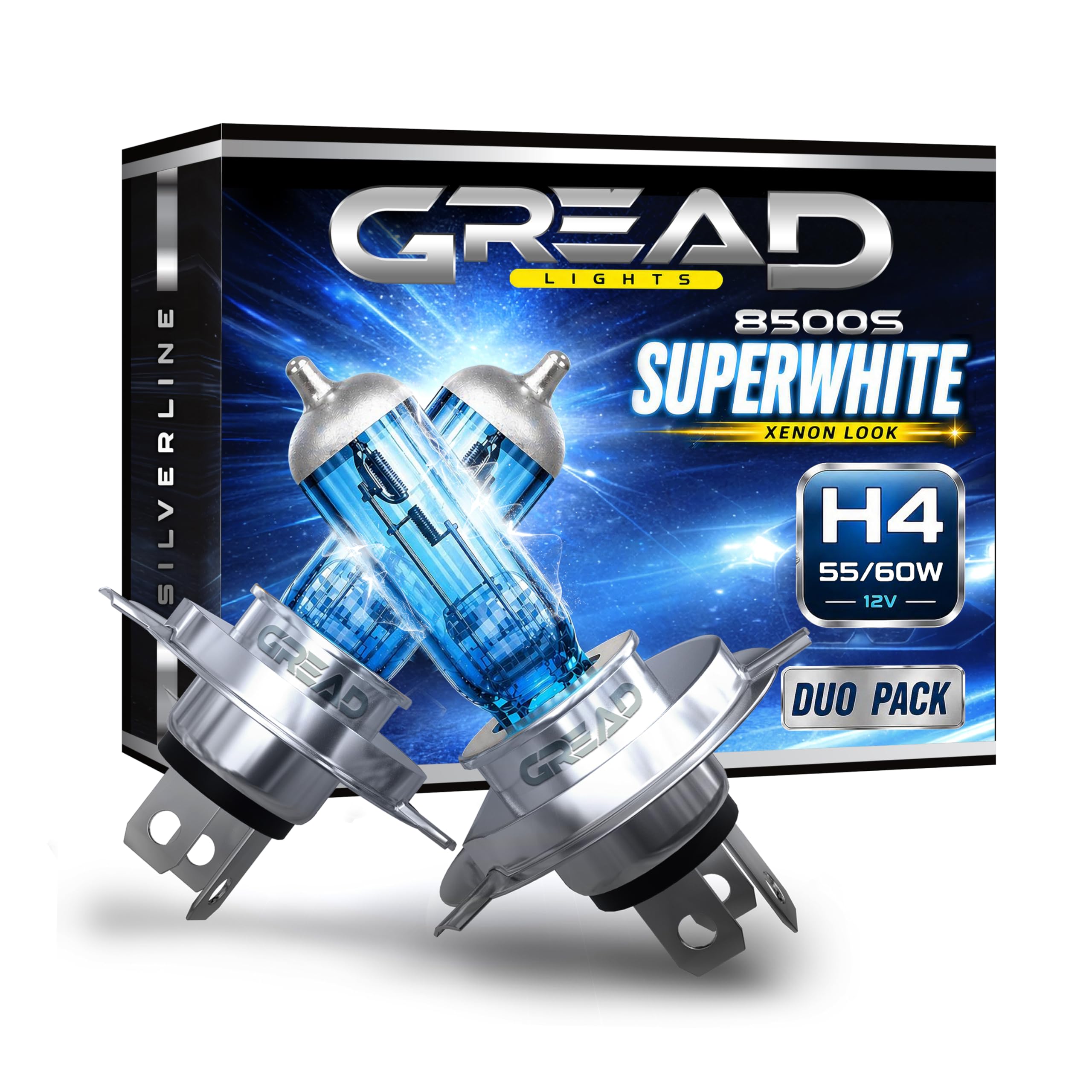Gread - 2er Satz Halogen Lampen in Xenon Optik -E-Prüfzeichen eintragungsfrei - Super White - 8500k - H1 bis H11