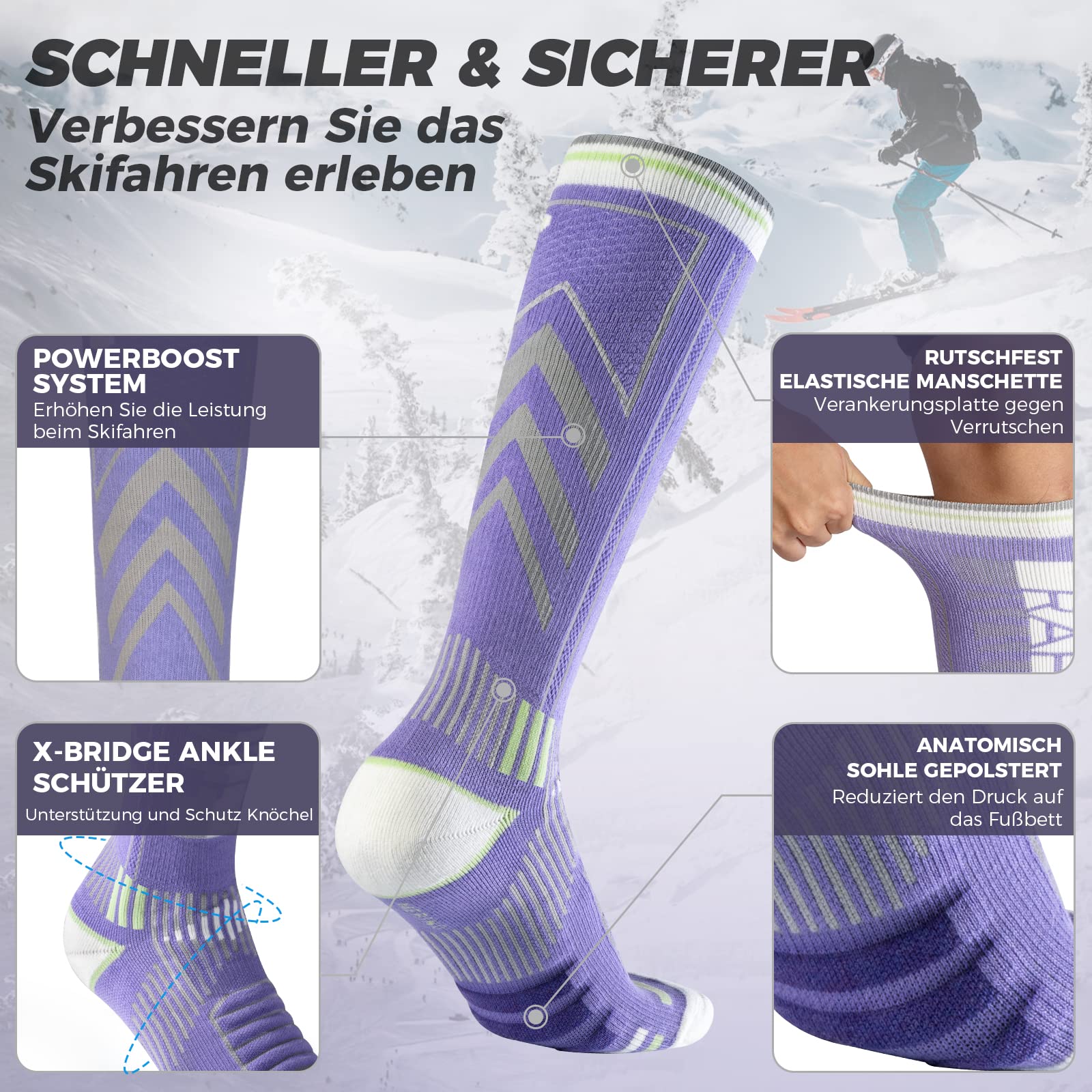 2 Paia Di Calze Sci in Lana Merino Per Uomo, Donna E Ragazzo, Calze Da Sci Snowboard a Compressione, Calze Termiche Sci Alte E Spesse Per Il Freddo, Traspiranti, Ad Asciugatura Rapida, Taglia 35-51