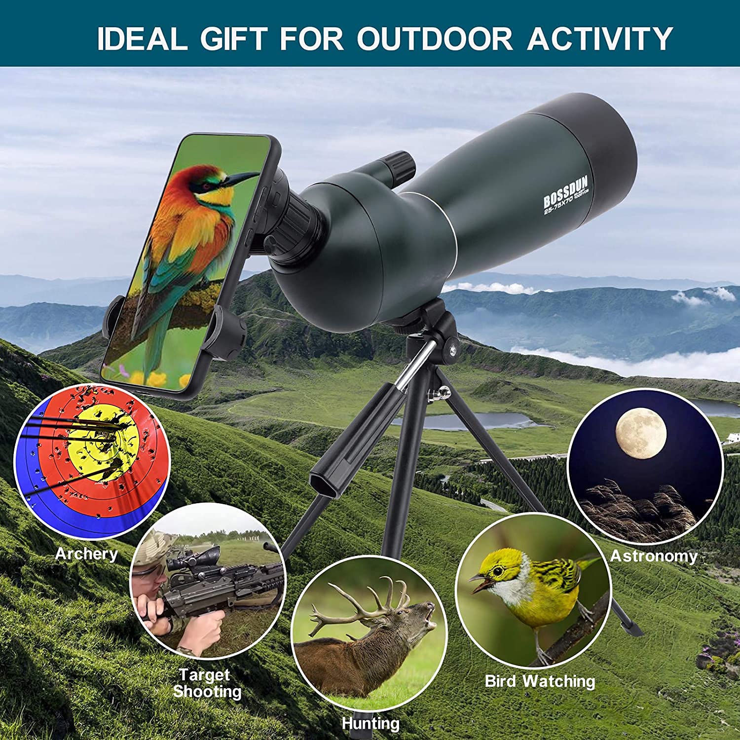 Cannocchiale, zoom 20-75x70mm Lente ottica completamente multistrato antiappannamento e mobile Telescopio con design in gomma per oculare con kit di montaggio rapido per smartphone e treppiede