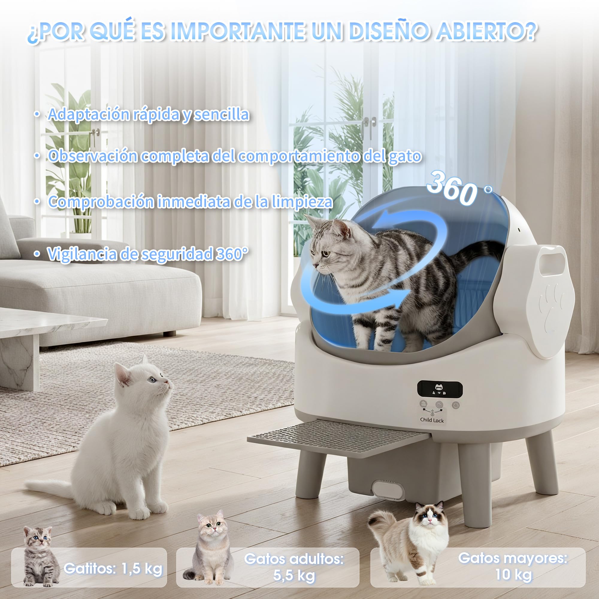 Arenero Gatos Autolimpiable Grande, con 4 Protecciones, Gran Espacio & Fácil Montaje, para Gatos de hasta 10 kg – La Elección Ideal como Primer Arenero Electronico