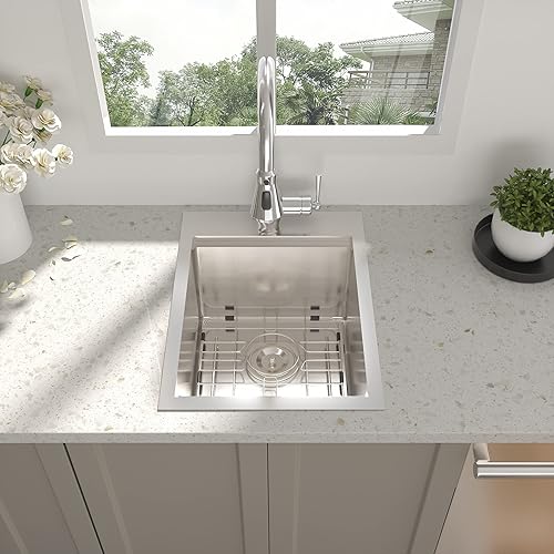 Miniatura 4 de Fregadero de barra de 15 pulgadas, fregadero de cocina de 15 x 20 pulgadas, acero inoxidable de montaje superior, calibre 16, 10 pulgadas de