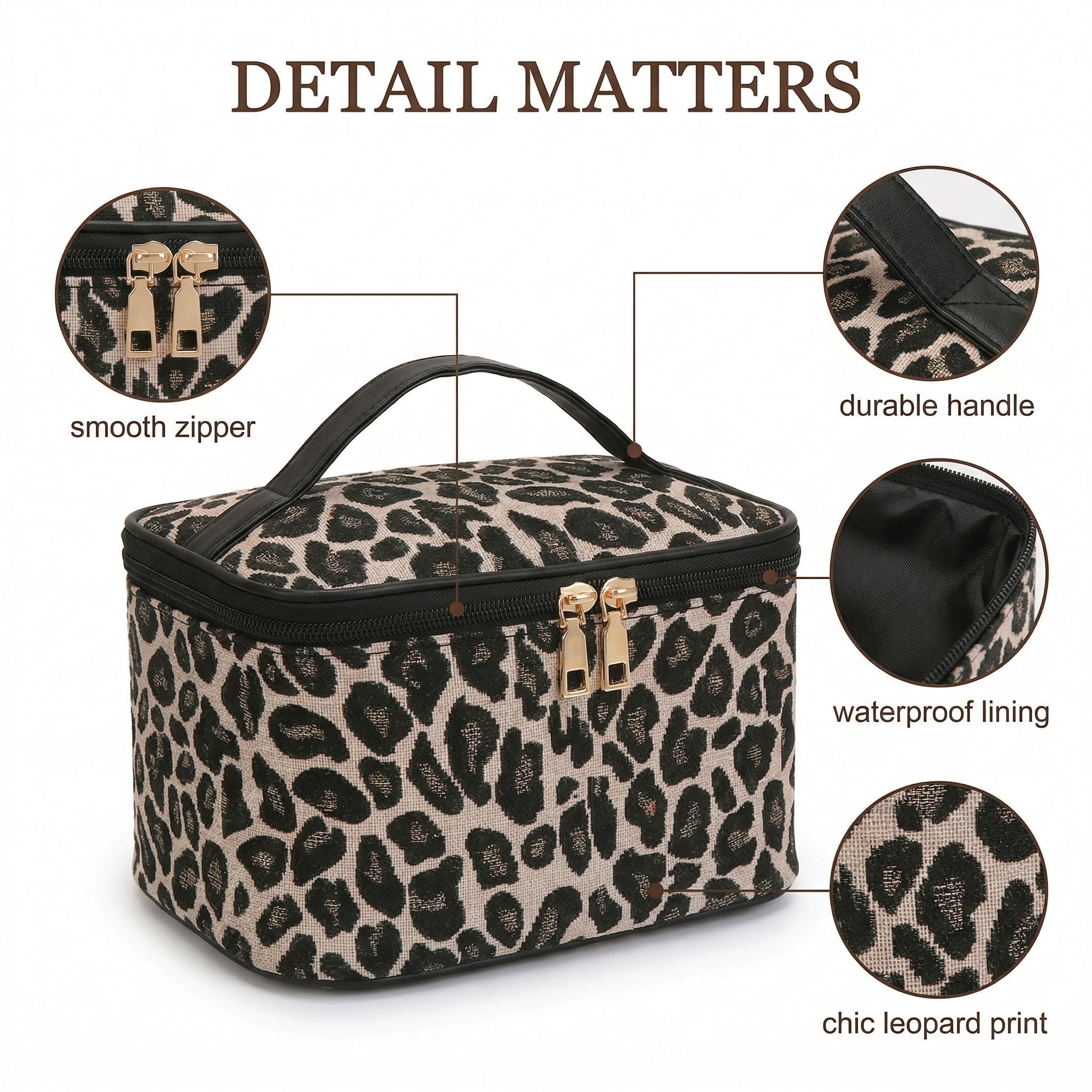 Beauty Case Donna Leopard Organizer Viaggio Waterproof Beauty Case Portatrucchi Polyester con Maniglia per Viaggio Nero