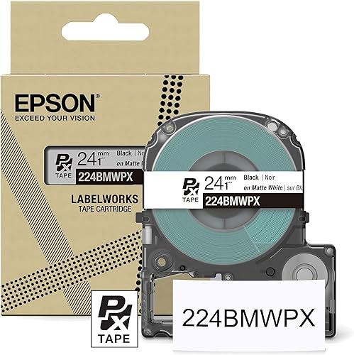 Epson LABELWORKS 224BMWPX - Cartucho de cinta PET (poliéster), negro sobre blanco mate, cinta para hacer etiquetas, 1 pulgada (0.945in) de ancho, 26