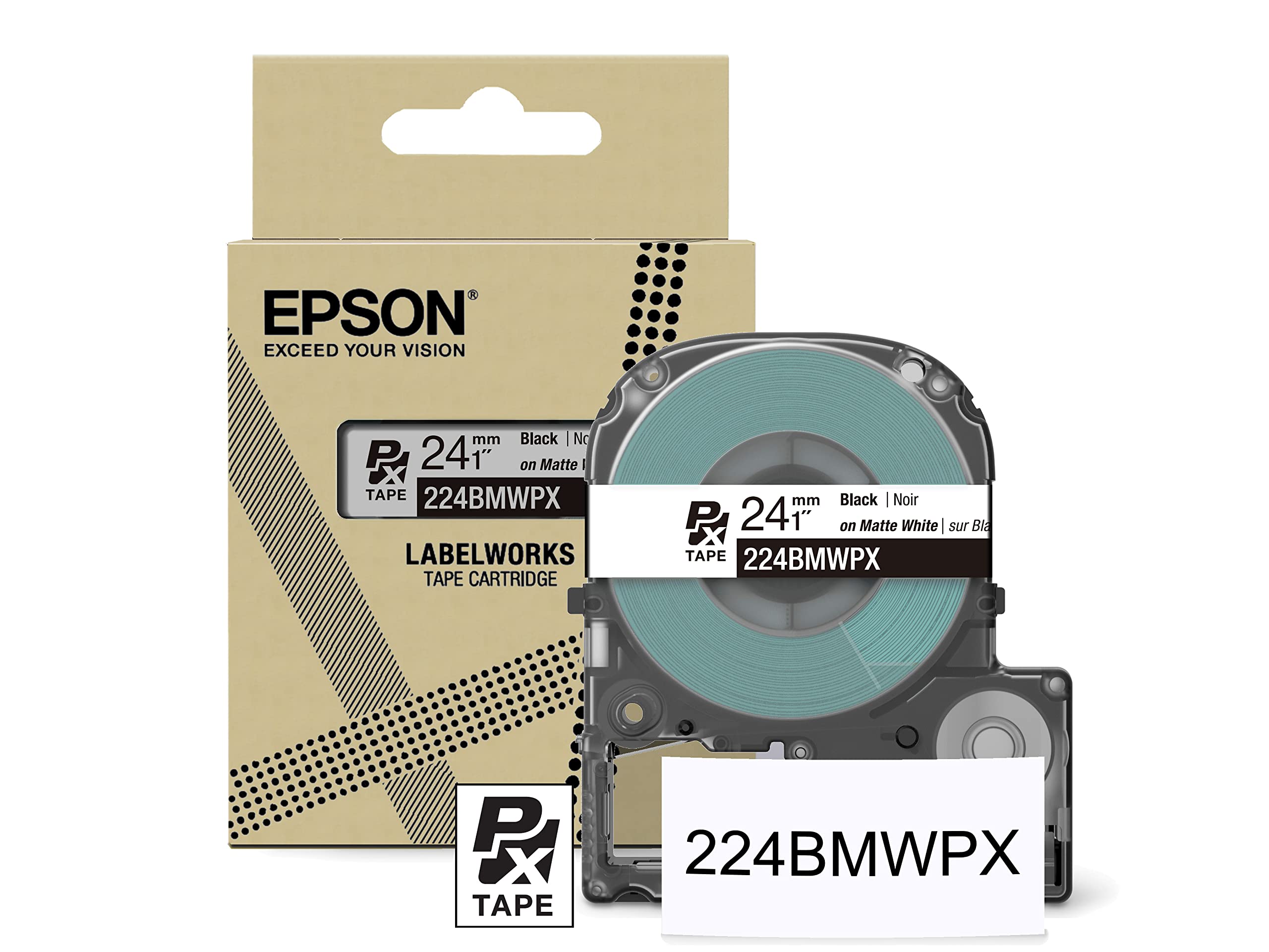 Epson LABELWORKS 224BMWPX Genuine PET (Polyester) Tape Cartridge - Black on Matte White Designer Craft Label Maker Tape - 1