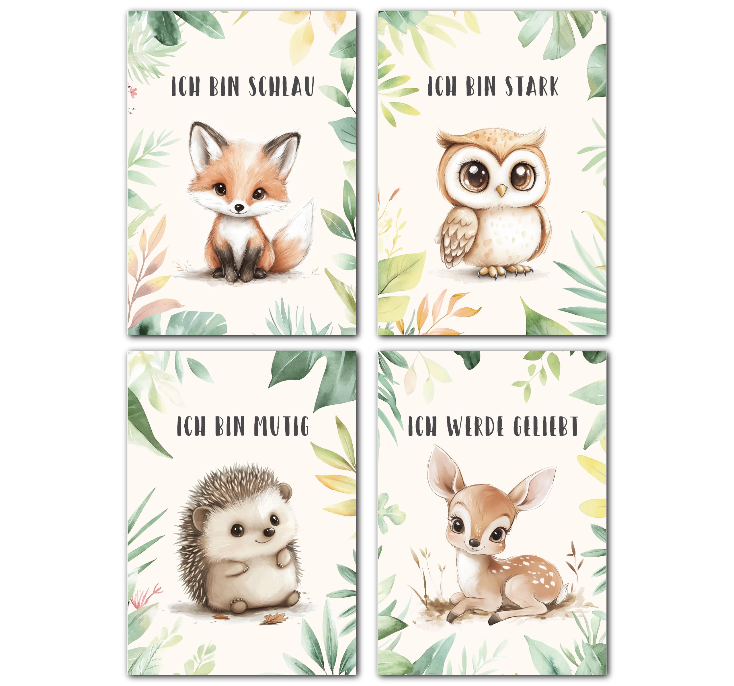 LAVEMA Affirmationen Waldtiere Bilder Kinderzimmer | Poster A4 (21x30cm) ohne Bilderrahmen | Babyzimmer Deko | Wandbilder Junge Mädchen | Kinderzimmer Wanddeko Tierbilder