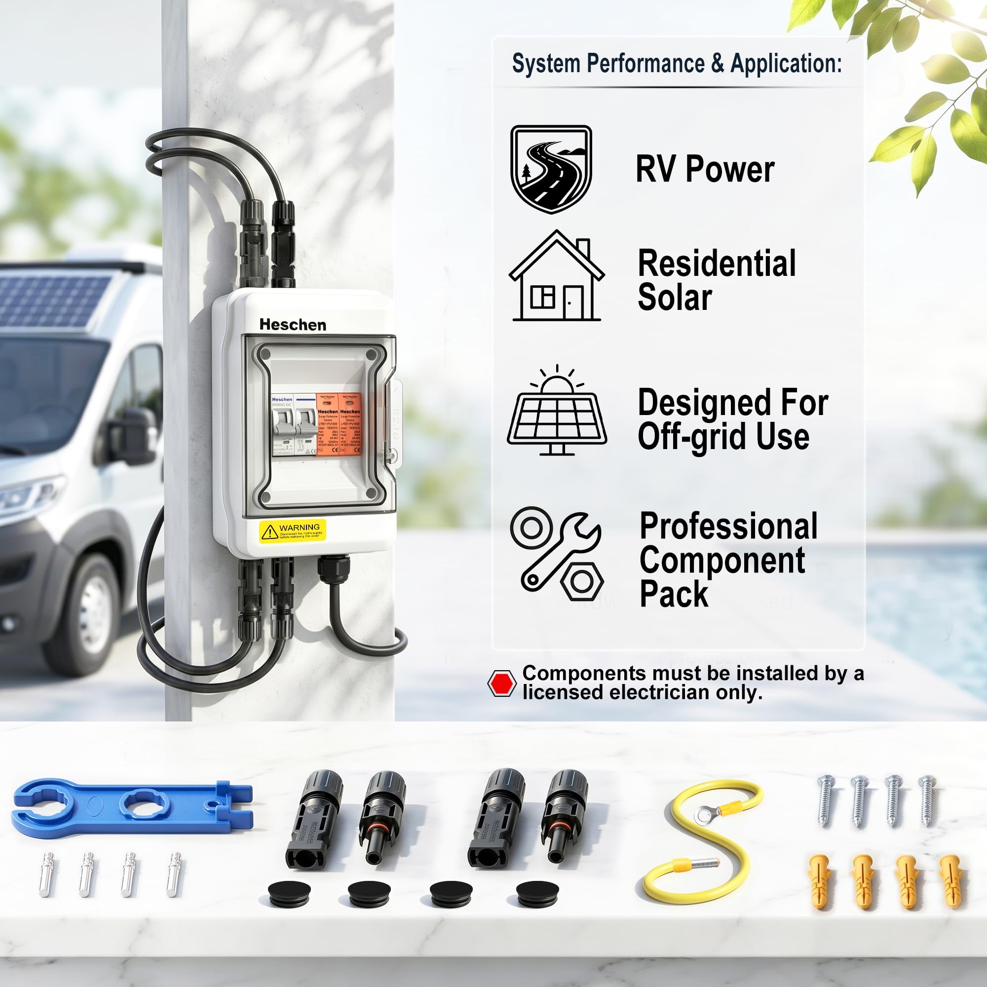 Heschen 1-strunowy PV Combiner Box 500 V DC, gotowa do podłączenia skrzynka przyłączeniowa fotowoltaiczna z wtyczką MC4, 1 x bezpiecznik 32 A i ochrona przed przepięciem 1000 V 40 kA, IP65, CE TÜV