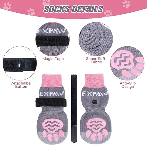 Miniatura 3 de EXPAWLORER Calcetines antideslizantes de doble cara para perro con correas ajustables 3 pares de protección antideslizante suave y transpirable