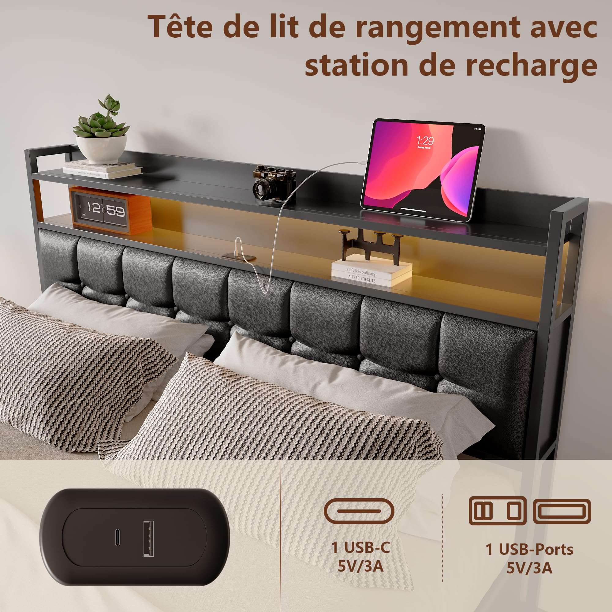 Camas 140x200 con Espacio de Almacenamiento, Cama hidráulica de Matrimonio 140x200cm con LED y USB, Cama Canape Tapizada PU con Cabecero y Somier(Negro)
