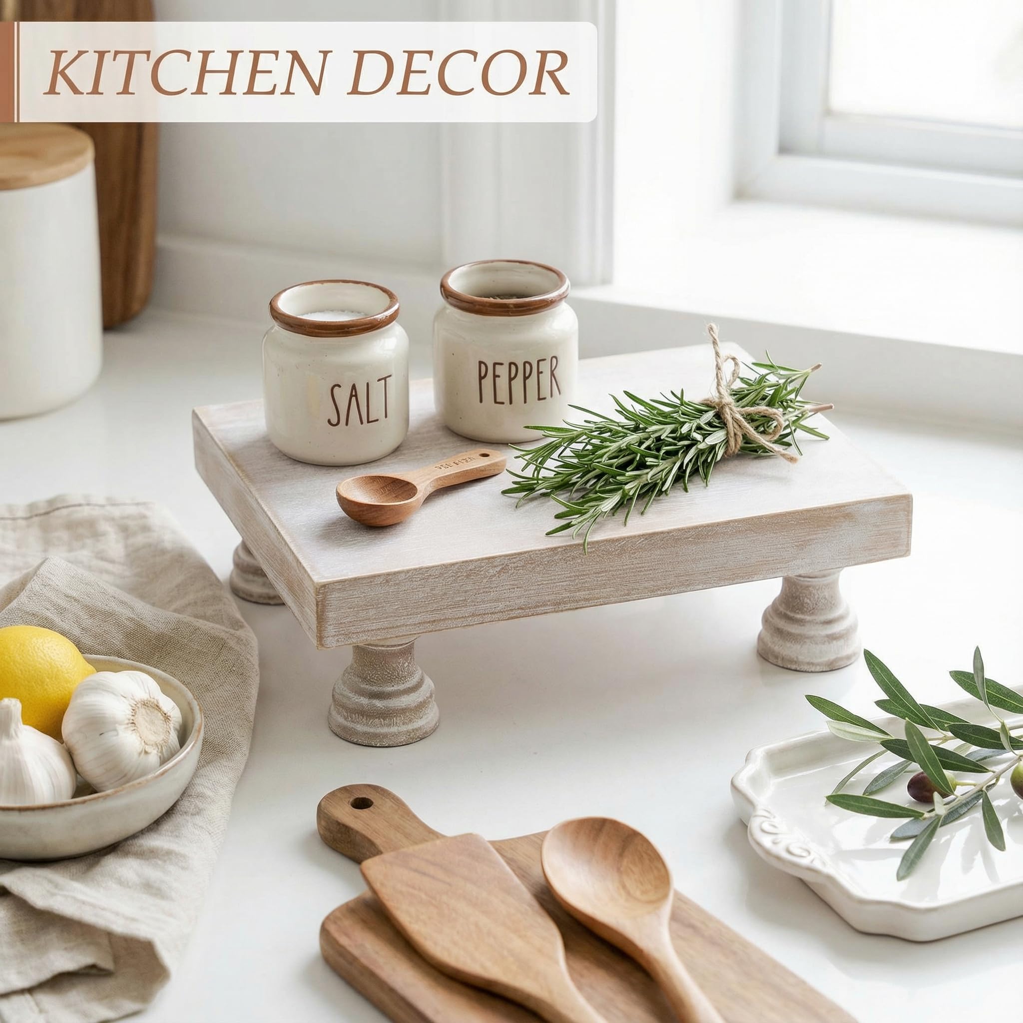 EOSAHR Farmhouse Riser for Room Decor : Decorative Pedestal Stand For Display Your Home Decorations and Uniquely Soap Stand - Rustic Bathroom Counter Tray and Kitchen Decor (Natural Wood)