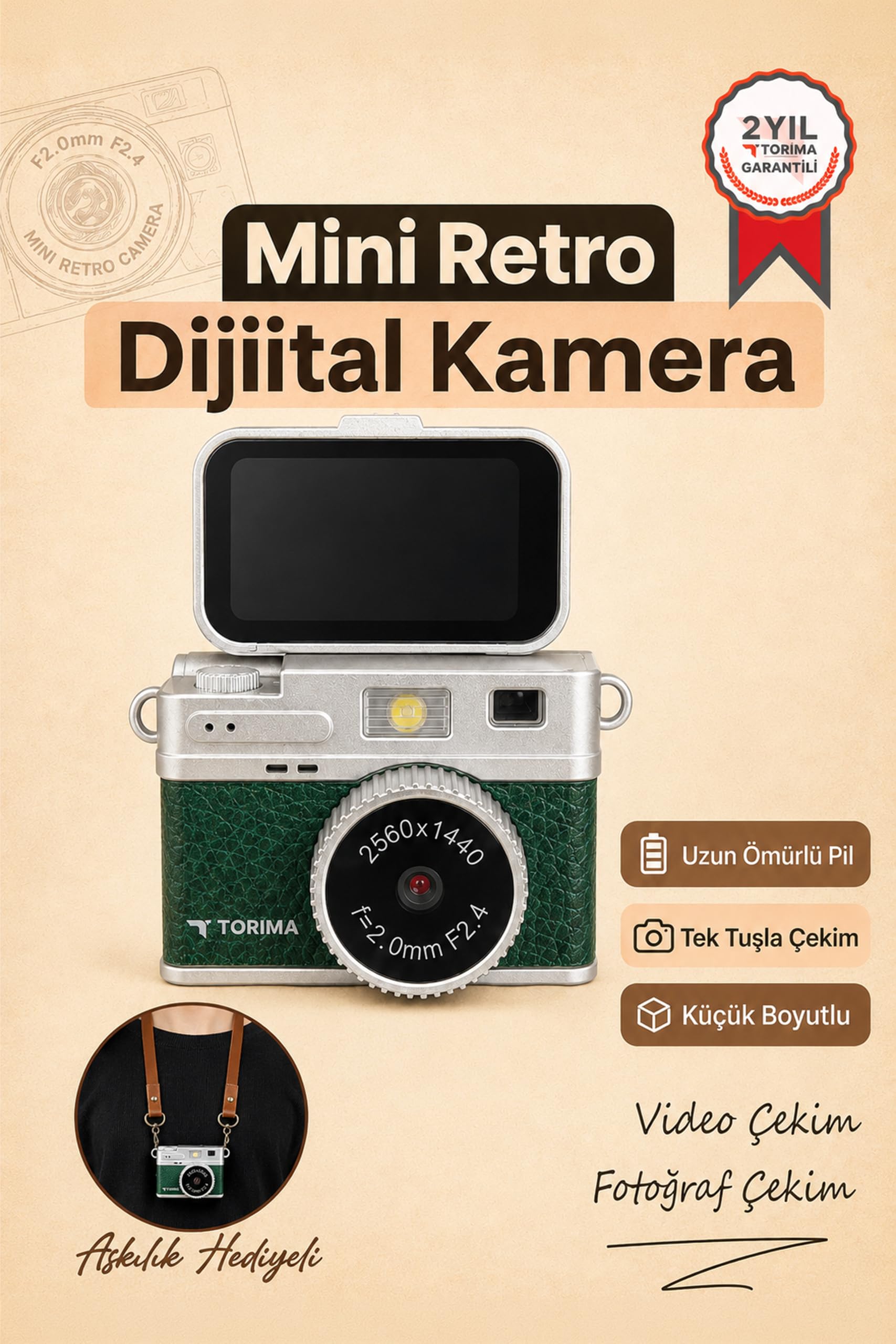 Torima Mini Dijital Kamera 2K Flip Ekranlı Selfie Video Vlog Kamerası CMR49 Koyu Yeşil
