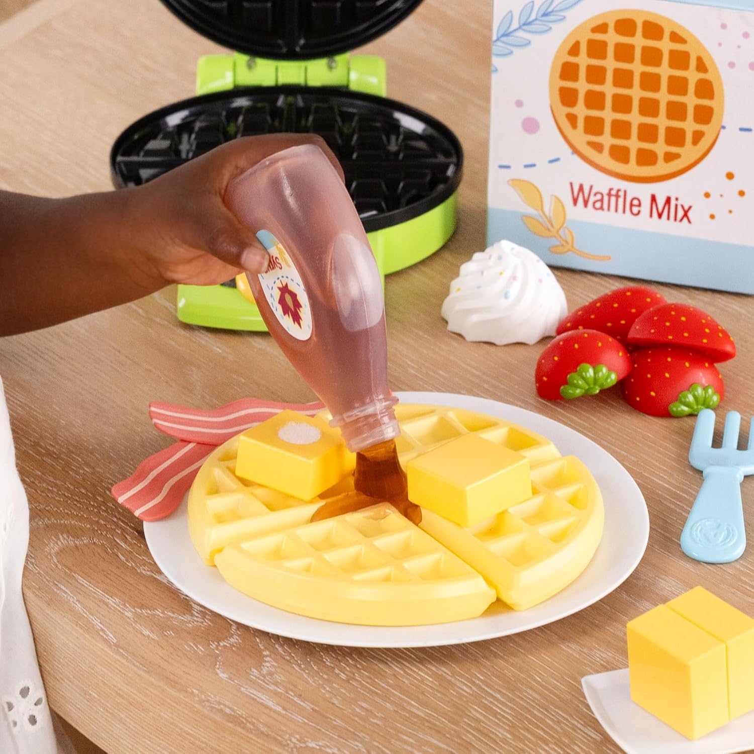 Play Food Sets for Kids Kitchen Toys, Pretend Breakfast Playset with Plush Waffle Toppings Syrup Bottle and Plate, Fake Food and Toy Kitchen Accessories Look So Realistic