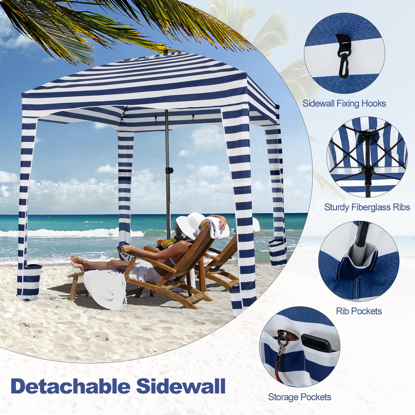 HAPPYGRILL 6FT Beach Cabana Canopy, Foldable Beach Sun Shelter with Carrying Bag, Sand Anchor, Detachable Sidewall & 8 Sandbags, Portable Outdoor Sunshade Tent for Camping Picnics