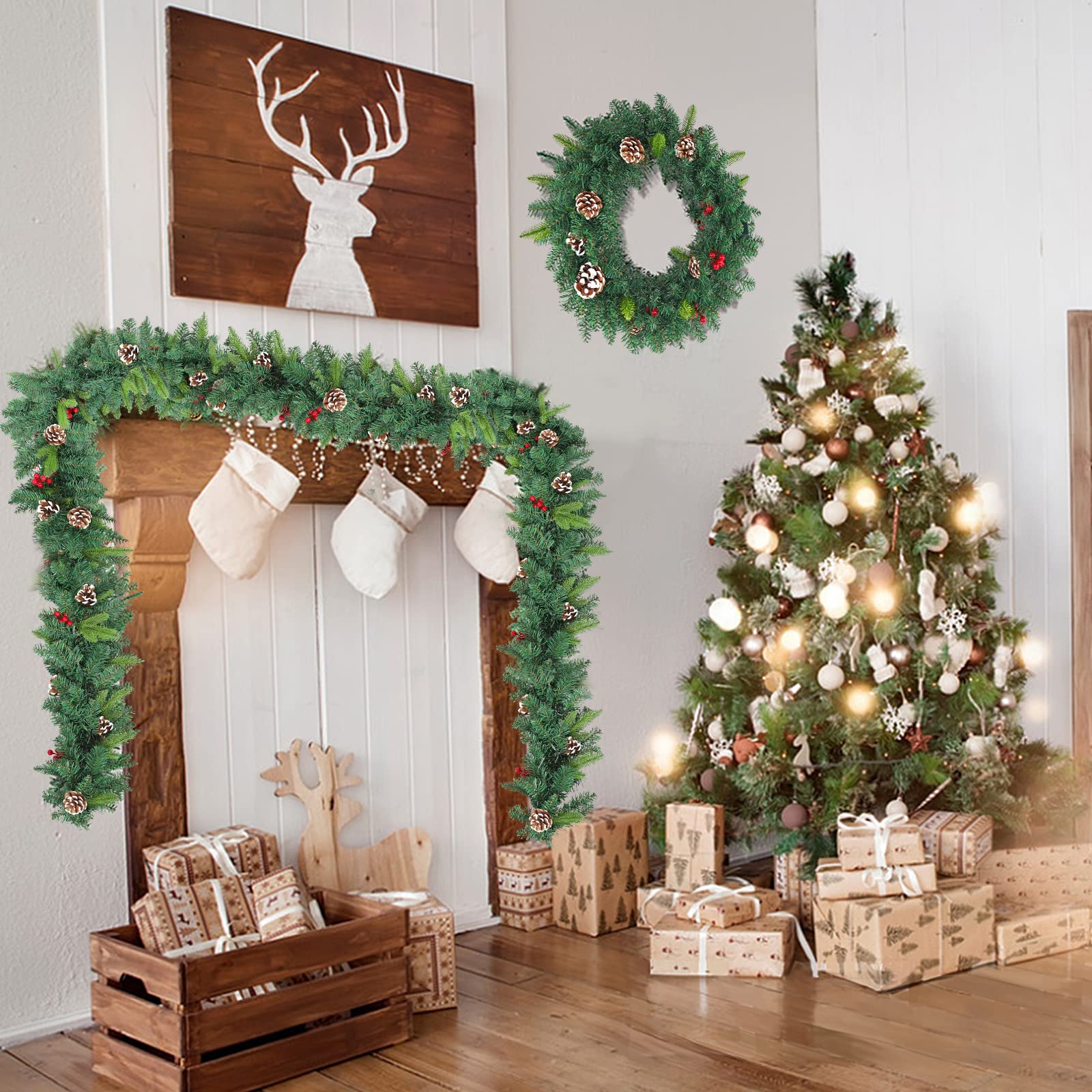 ACXIN Couronne de Noël avec guirlande lumineuse LED - Guirlande de Noël - Couronne de sapin avec pommes de pin - Baie rouge - Décoration de Noël artificielle pour l'intérieur et l'extérieur (500 cm)