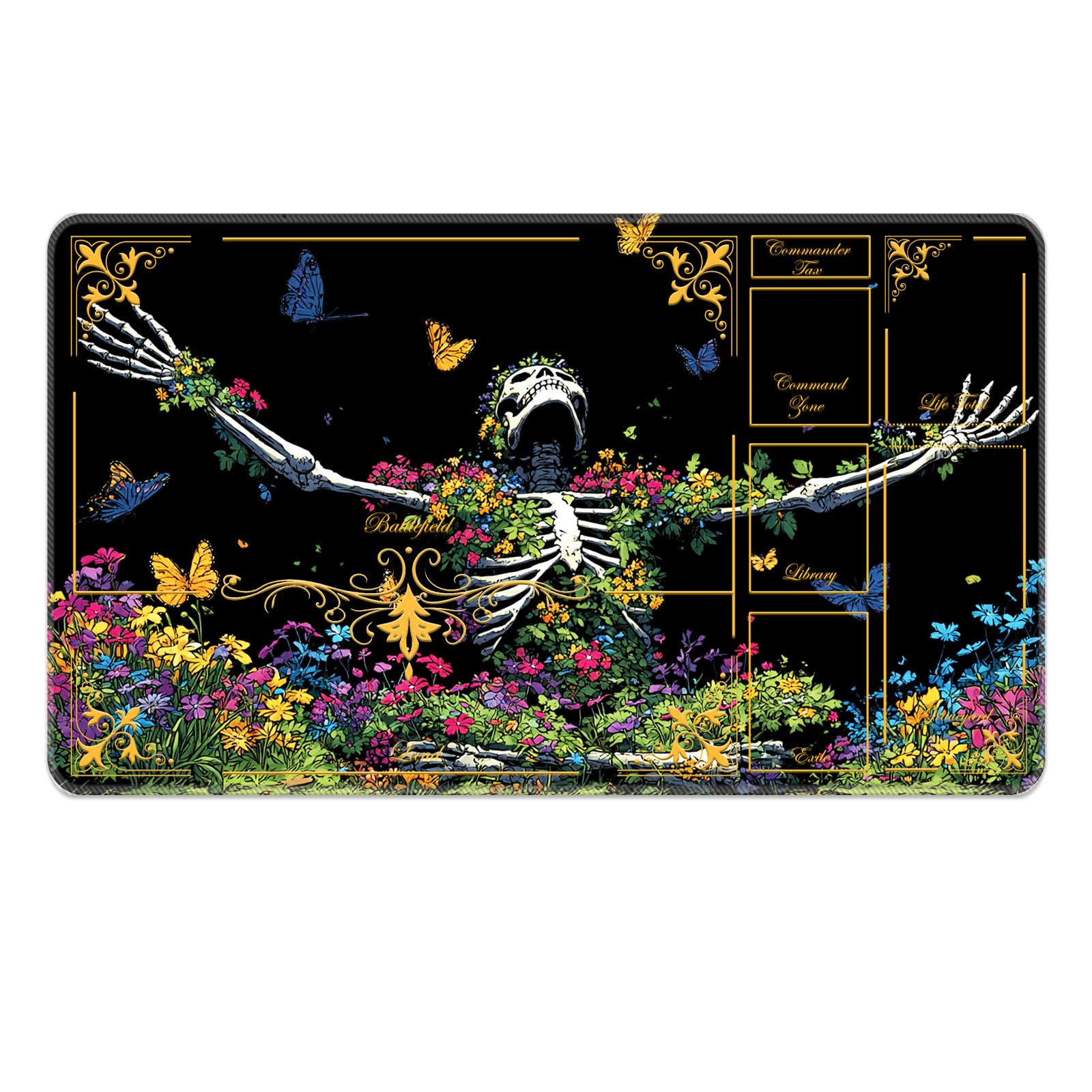 Premium Stitched MTG Playmat with Zones and Non-Slip Rubber Backing - TCG Play Mat for MTG and Other Card Games, Floral Skeleton