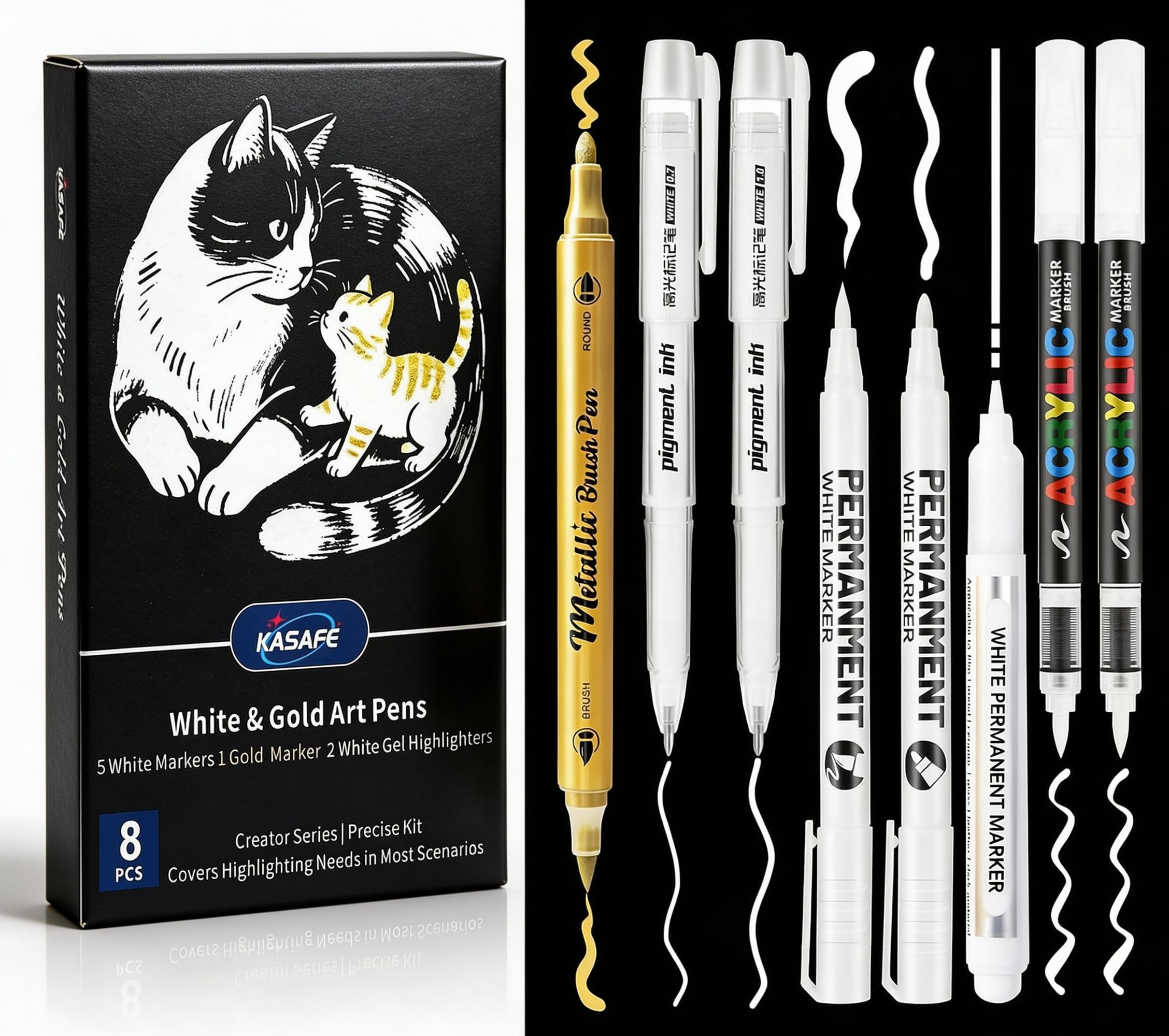 KASAFE Acrylstifte Weiß & Acrylmarker Weiß 8er Set mit 2 weißen Gelstiften | Vielfältige Spitzen für diverse Techniken, Hochdeckende weiße Tinte + goldener Doppelspitzenstift, Ideales kreatives Geschenk