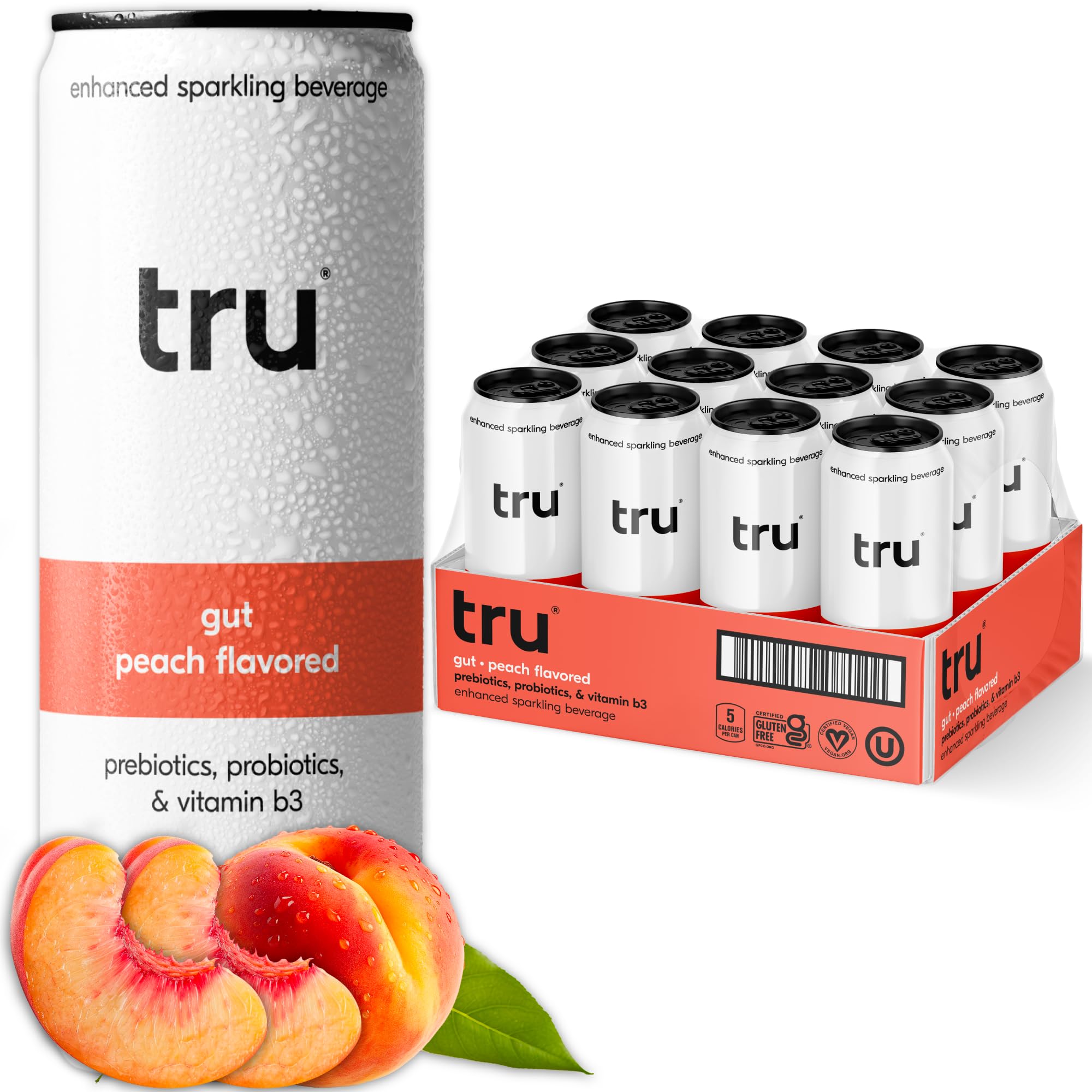 Tru Gut Seltzer, Sparkling Water with Prebiotics, Probiotics & Vitamin B3, Peach Juice & Natural Flavor, Lightly Carbonated, Gluten Free, Vegan, Caffeine Free, Low Calorie, 12 FL OZ Cans, 12 Pack