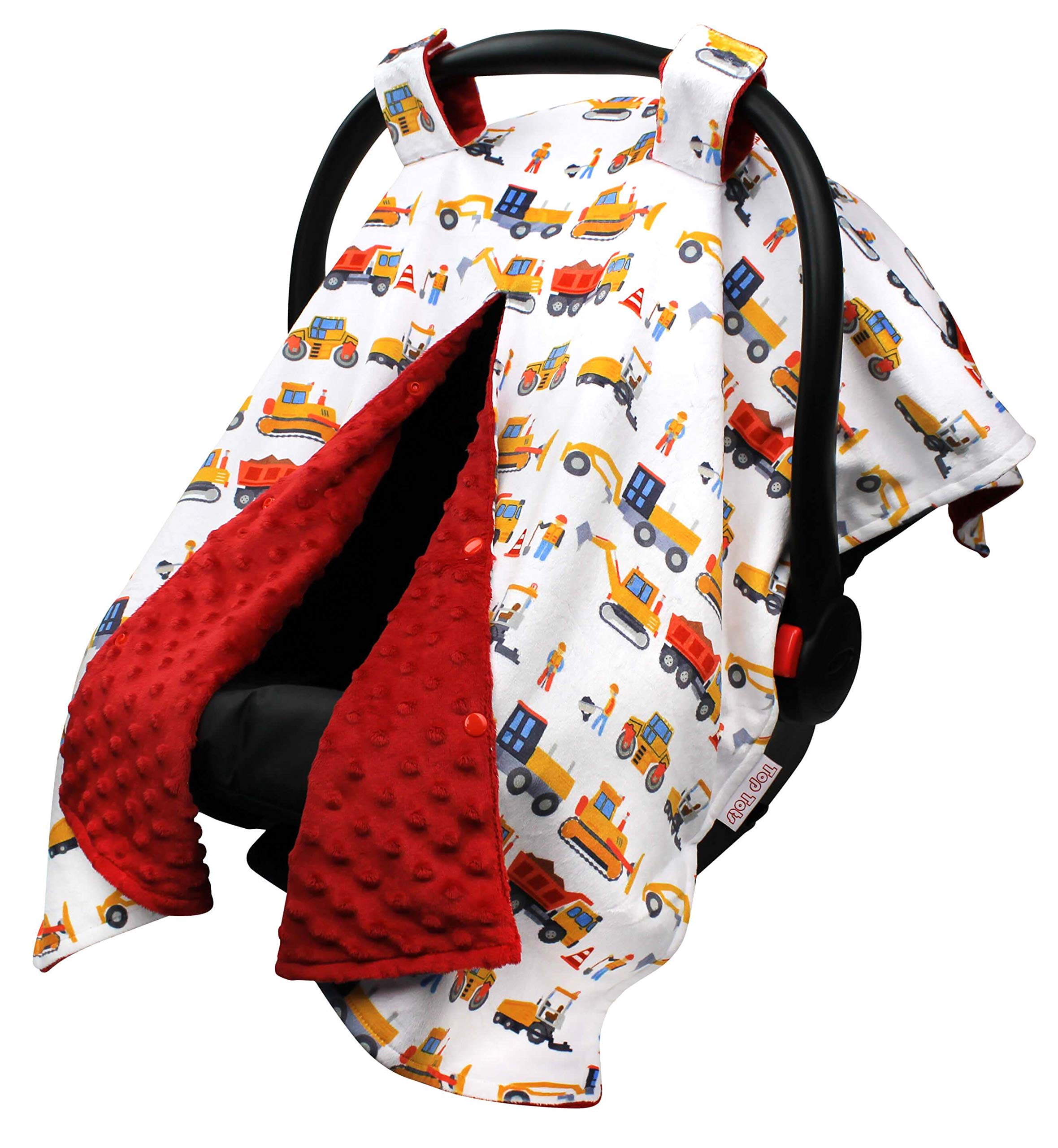 Baby Car Seat Canopy Cover - Construction Tractors with Red Minky Dot