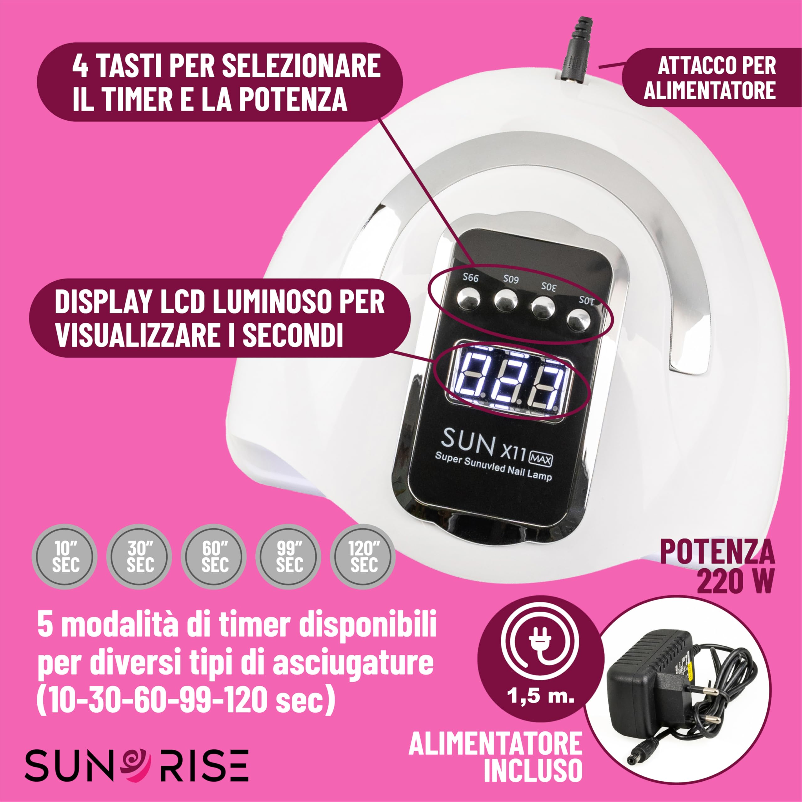 Lampada Uv Led Unghie - 5 Timer, Display, 45 Led, Sensore, 48W/220W - Fornetto Unghie Semipermanente, Professionale e Portatile - Lampada Led Unghie x Nail Art, Smalto Gel, Acrygel, Polygel