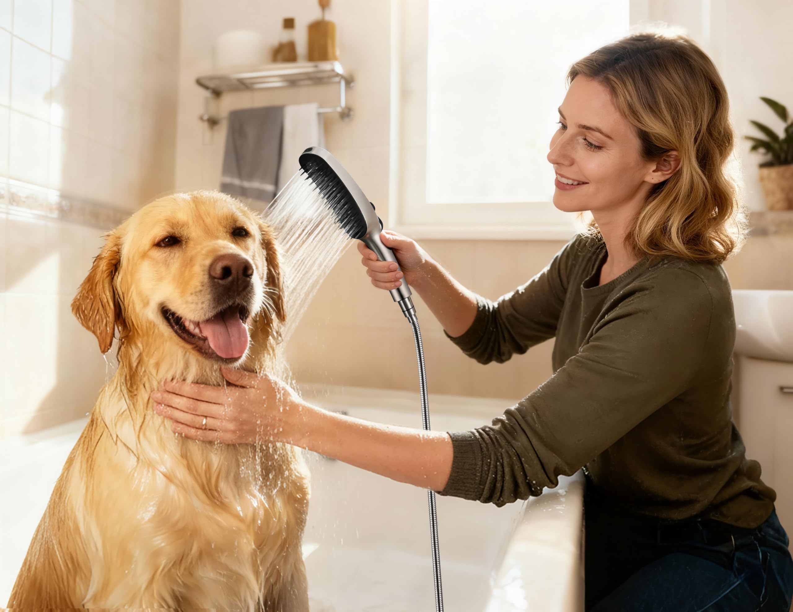 G-Promise Accesorio de ducha para perros de 3 modos con modo de pausa, rociador de ducha para perros con manguera de acero inoxidable de 78 pulgadas, desviador de metal, soporte adhesivo, para un baño