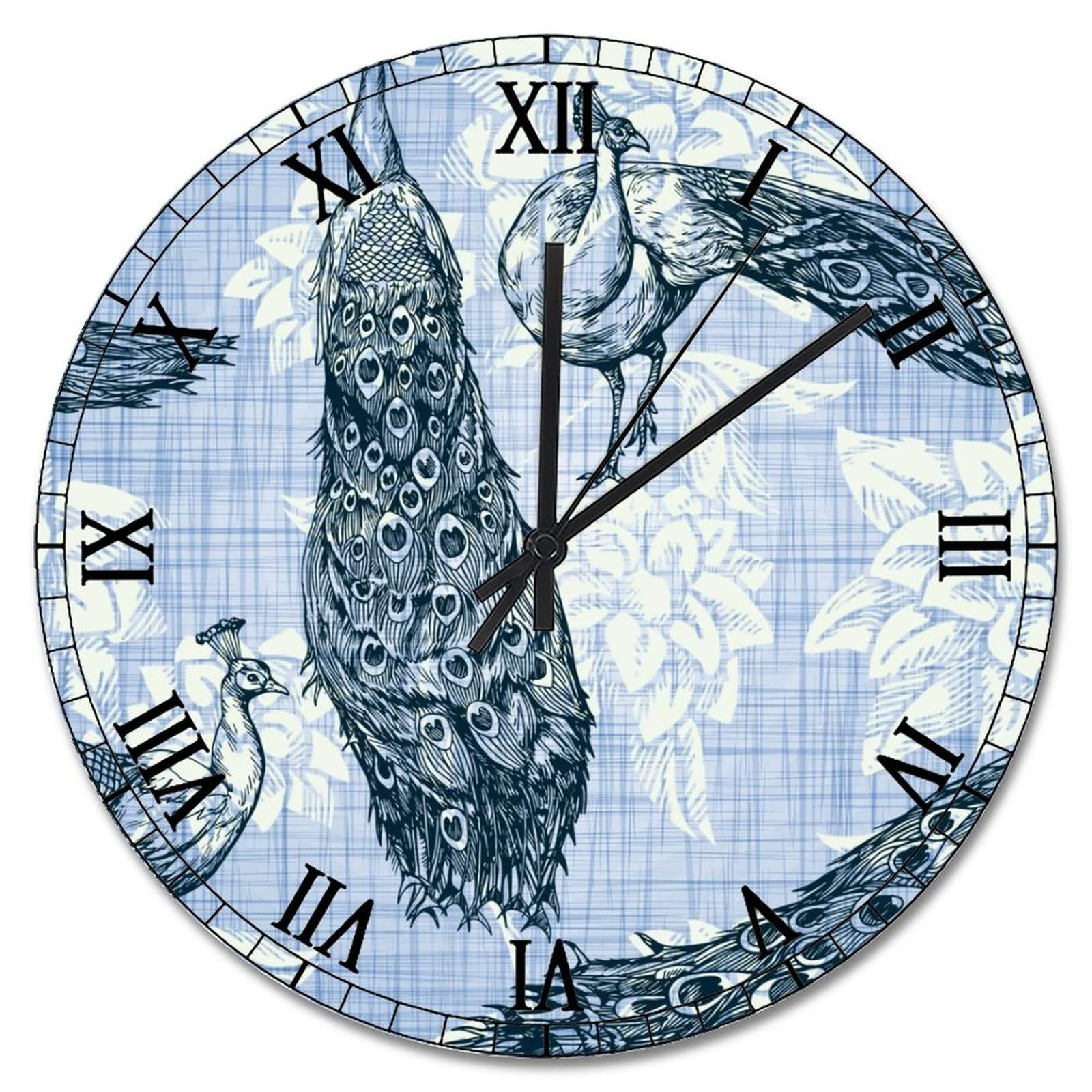 Horloge murale paon bleu 38 cm silencieuse rustique pour salon