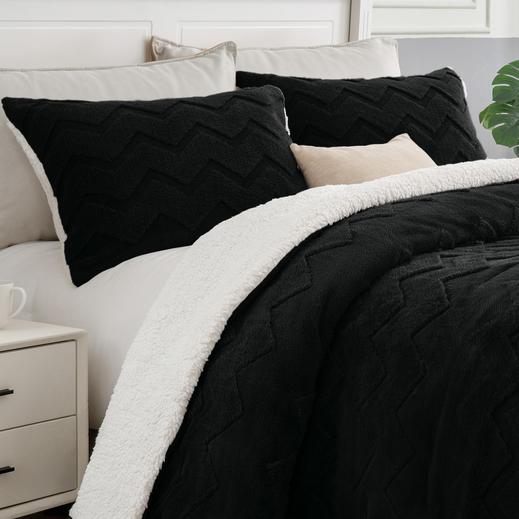 Photo 1 of BEDELITE Fluffy Queen Comforter Set - Super Soft Sherpa Black Comforter for Queen Size Bed, Luxury Warm Bedding Set for Winter, Fuzzy Bed Set 3 Pieces (1 Comforter, 2 Pillowcases)