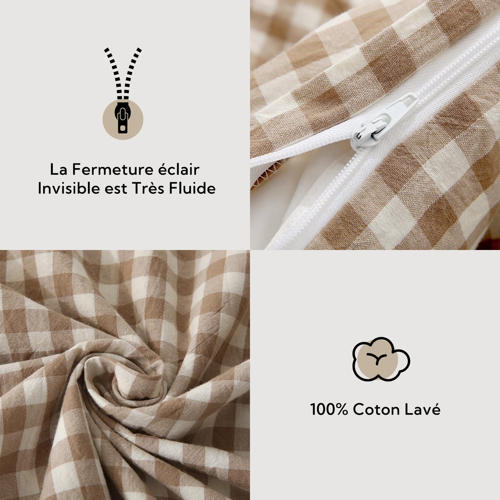 SOULFUL Housse de Couette 220x240 Coton Carreaux - Beige Vichy | Parure de Lit 2 Personnes avec 2 Taies d'oreiller 65x65 cm - 100% Coton Lavé - Certifié Oeko-TEX - Fermeture Éclair
