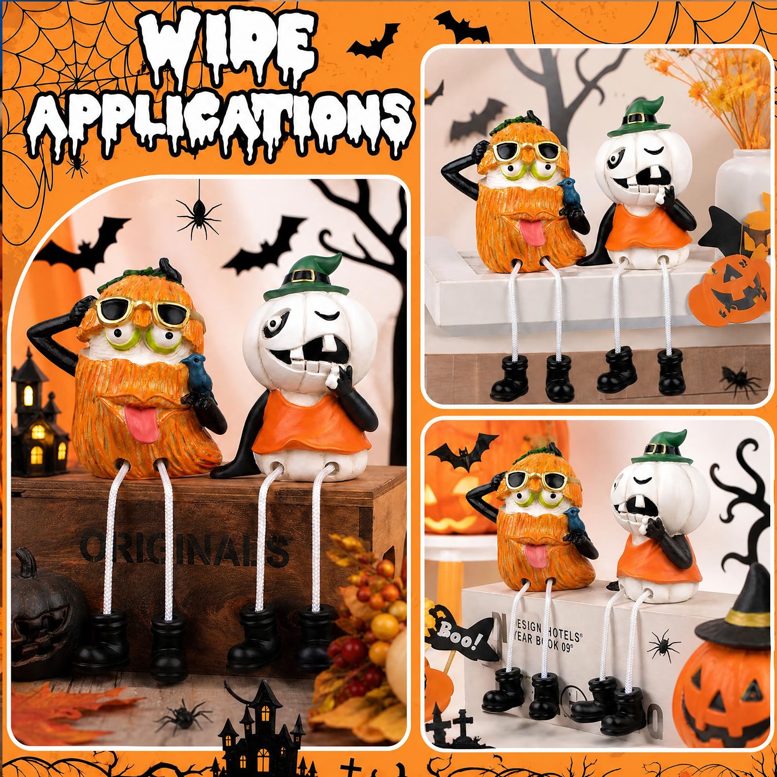 XJar Set di 2 statuette da mensola, zucche di Halloween con gambe