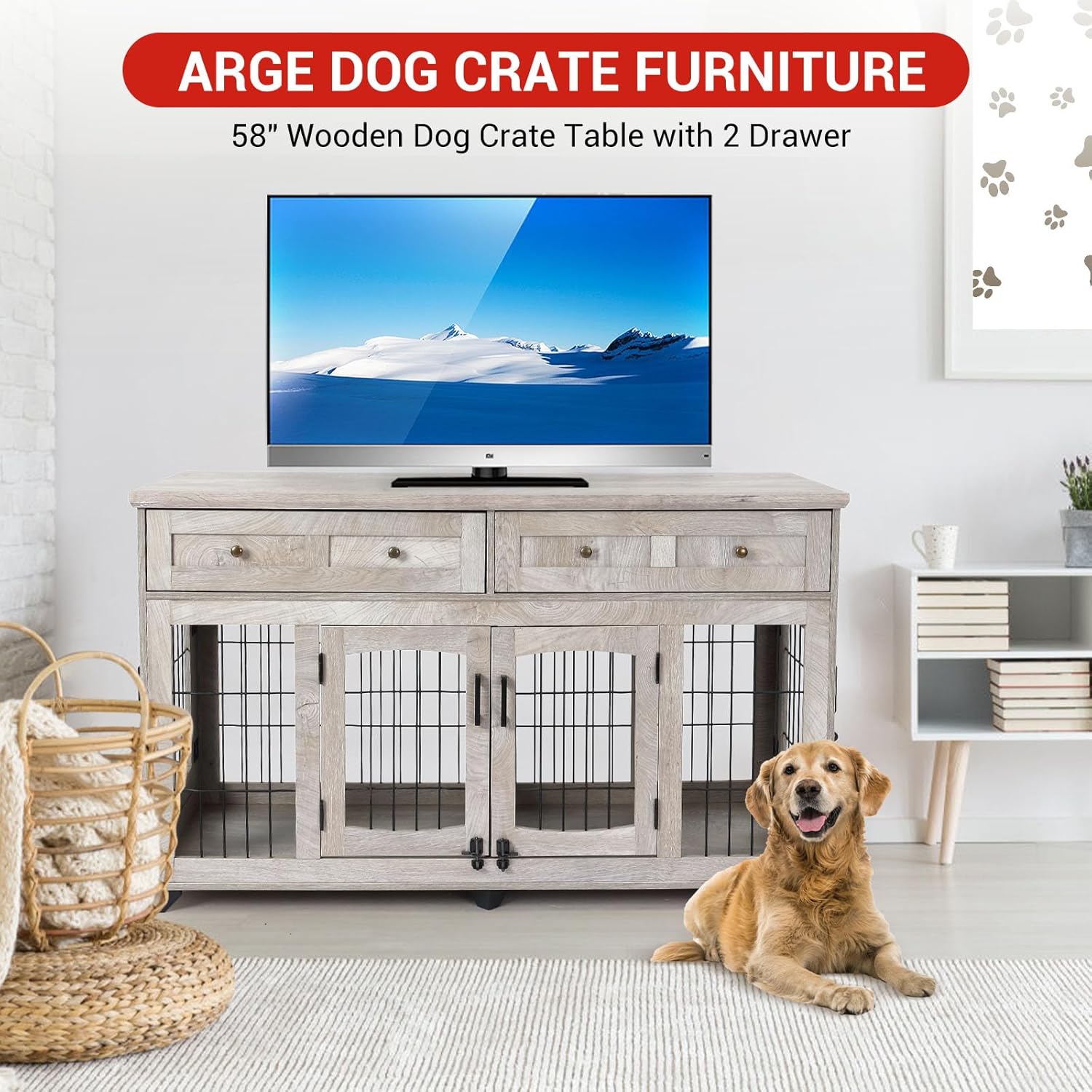 Large Dog Crate Furniture, Double Dog Kennel Furniture with 2 Drawers and Removable Divider, XXL Heavy Duty Wood Dog Crate Table for 2 Dogs Indoor (Gray, 58 in)