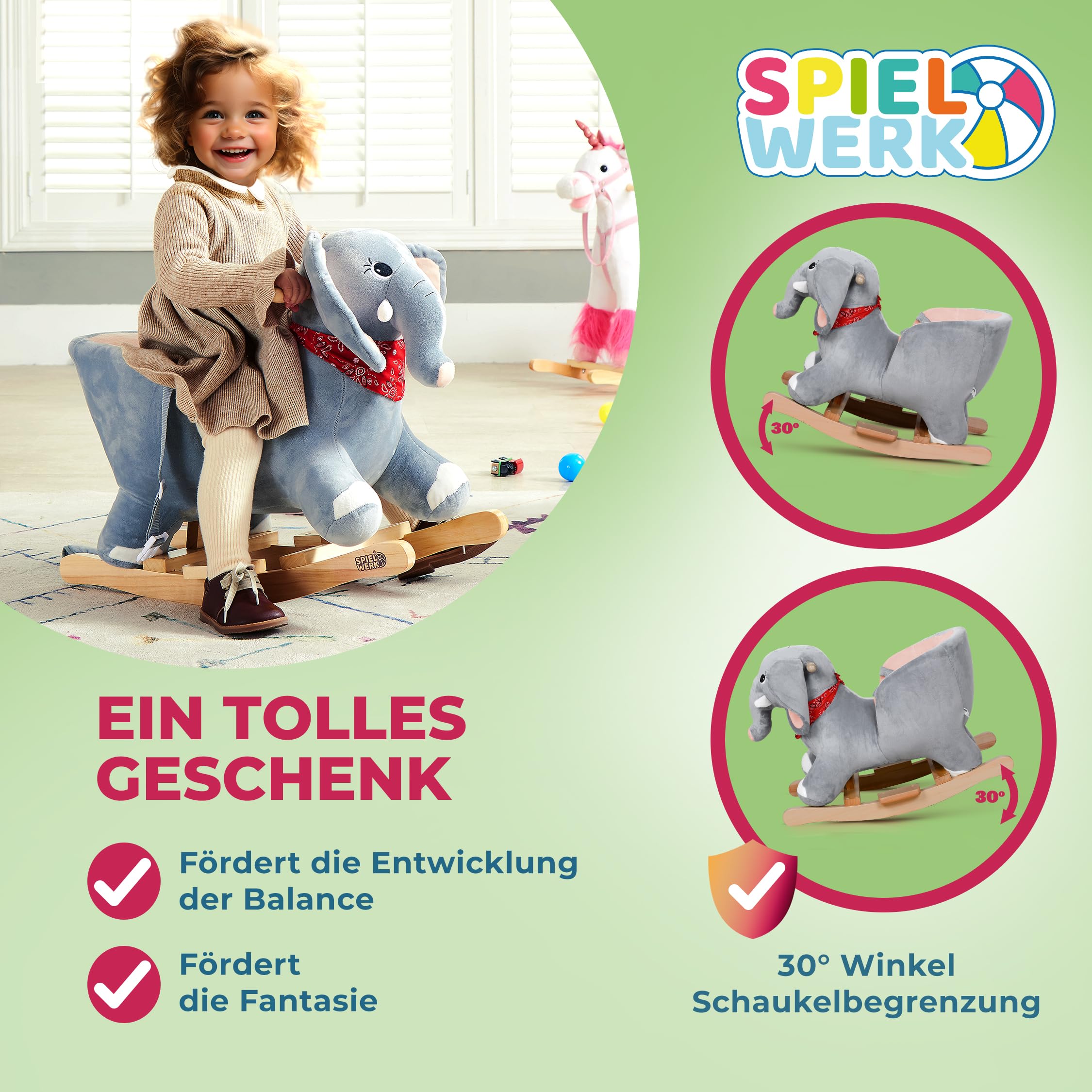 Deuba Spielwerk® Schaukeltier Elefant inkl. Sound Effekt Sicherheitsgurt Plüsch Schaukel Wippe Kinder Baby Spielzeug Balancetraining besonders weich Schaukelpferd