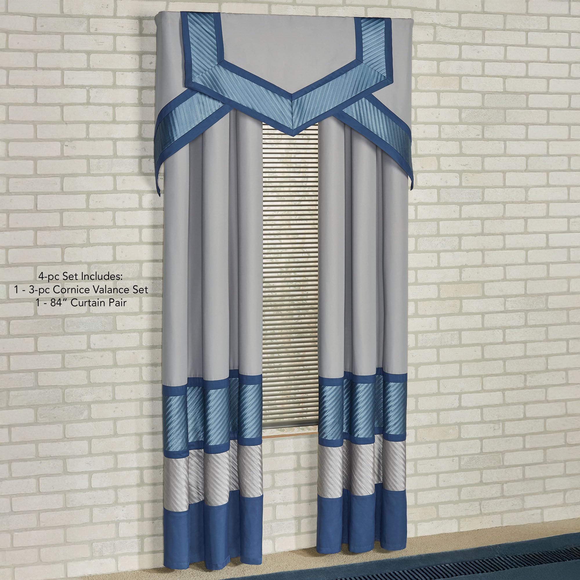 Beta Contemporary Luxury Window Treatment | Sophisticated | Blue Shadow, Stone, Dark Blue | Pleated | Silky Polyester Satin | 4 Piece Window Set: 84L Curtain Panel Drapery Pair and Cornice Valance Set