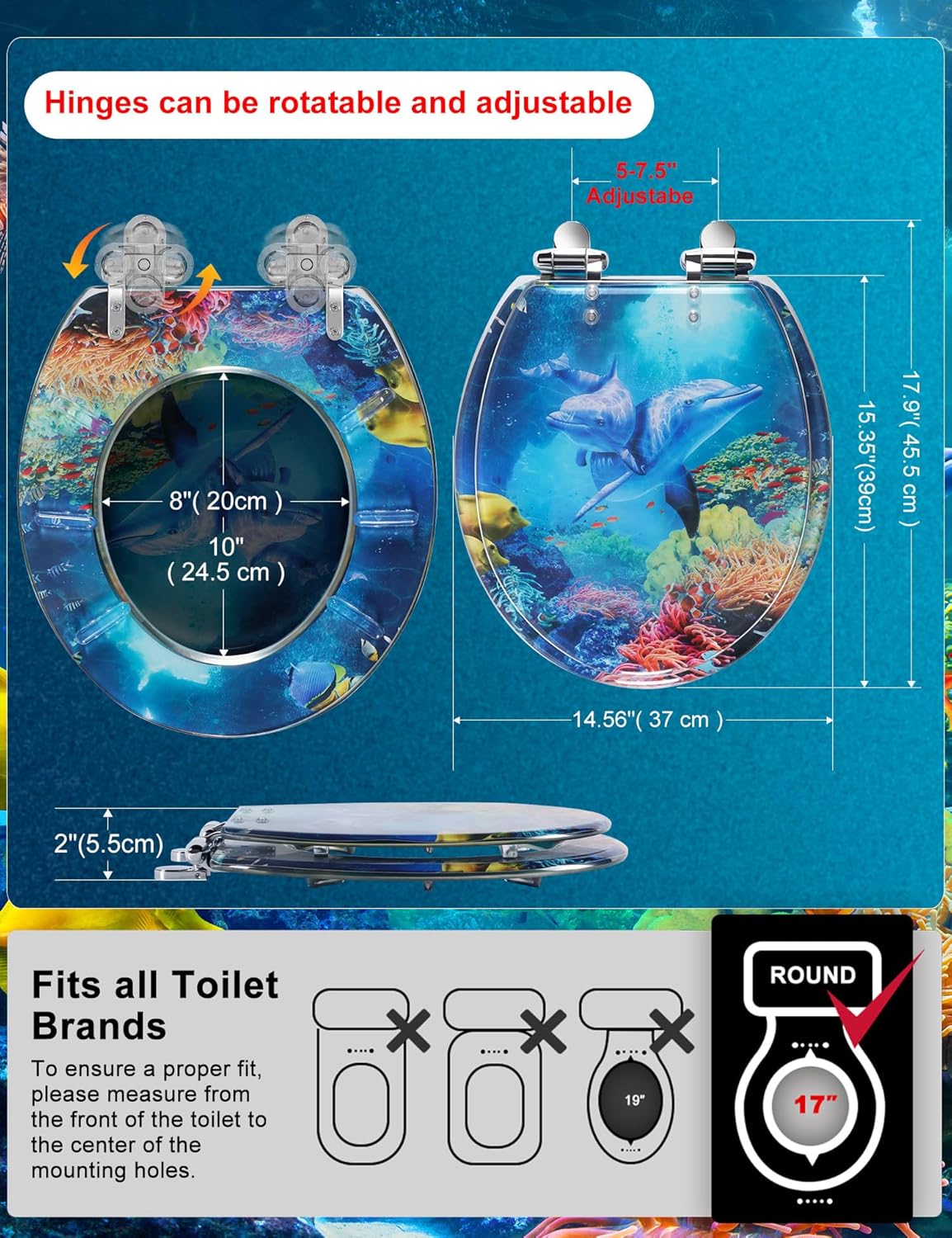 angol shiold round ocean resin toilet seat slow close quick release metal zinc alloy hinge easy to install also easy to clean, decorative acrylic seats (16.5 inch, blue dolphins) blue dolphins ocean
