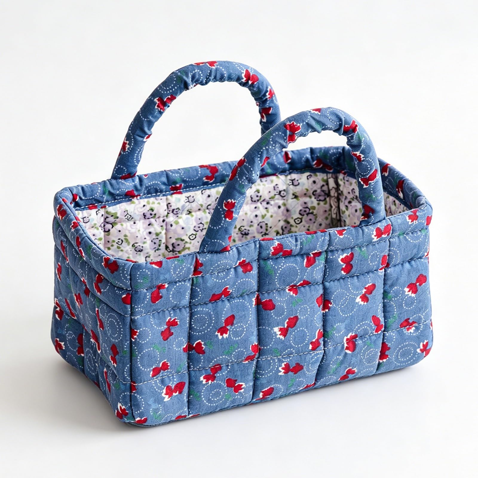 3L Floral Quilted Fabric Storage Basket, Portable Small Organizer Bin with Double Handles, Collapsible Cotton Makeup Basket for Bathroom Desktop Cosmetic Sundry Home Storage(8)
