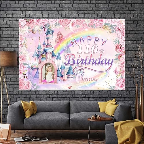 Vista 7 de Cartel personalizado de decoración de cumpleaños número 116 con temática de castillo y princesa, pancarta de tela personalizada para suministros