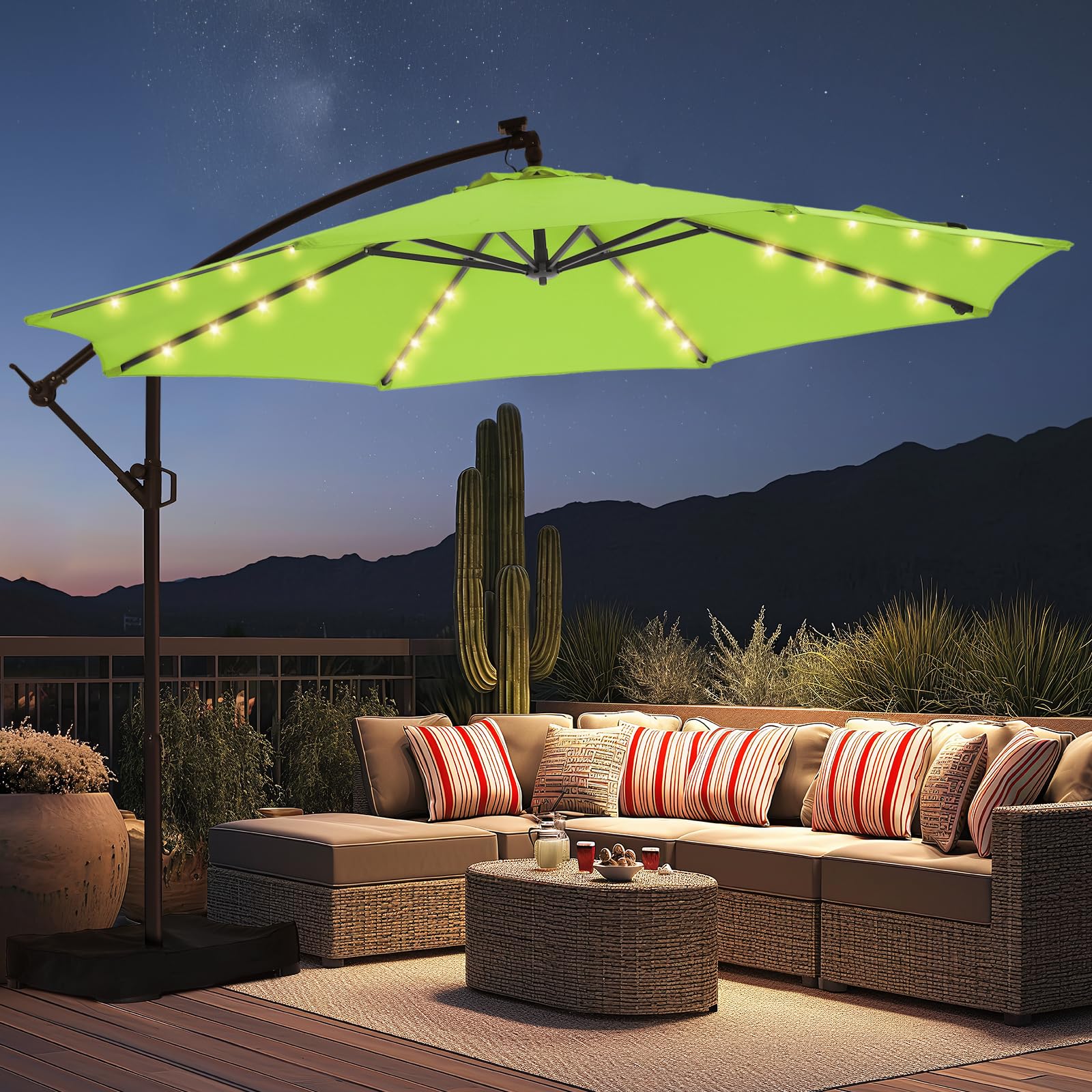 HOMSHADE 10ft Solar Lights Offset Cantilever Patio Umbrella - with Light and Base, LED Lighted Offset Hanging Patio Outdoor Market Umbrella UPF50+ UV