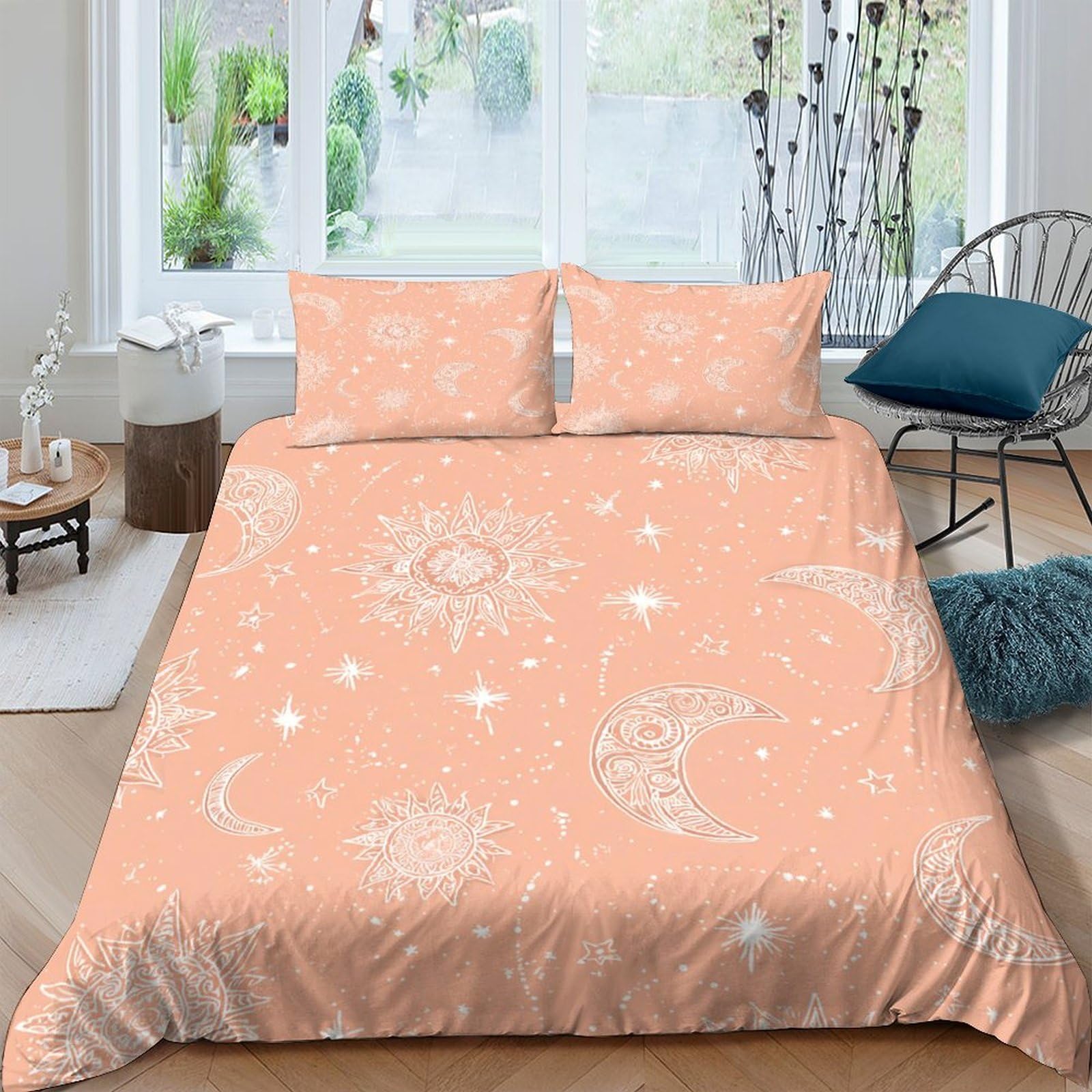 GPLZQXKJNH 3D Printed Sun Moon Duvet Cover Microfiber Breathable Pink Celestial Bedding Set with 2 Pillowcases for Bedroom Soft Decor Single（135x200cm）