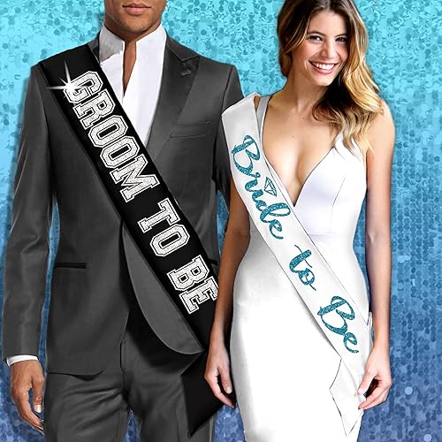 Miniatura 5 de Juego de 2 bandas para novios de novia, color turquesa brillante, banda de satén blanco y banda de satén deportiva plateada para novio a ser negro,