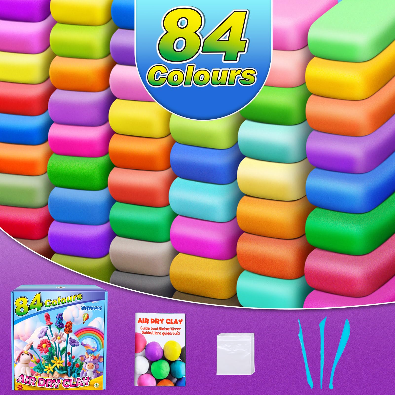 ESSENSON Magic Clay – Argilla secca all'aria, 84 colori, argilla modellabile per bambini con strumenti, giocattoli regali per età 3 4 5 6 7 8+ anni ragazzi ragazze bambini