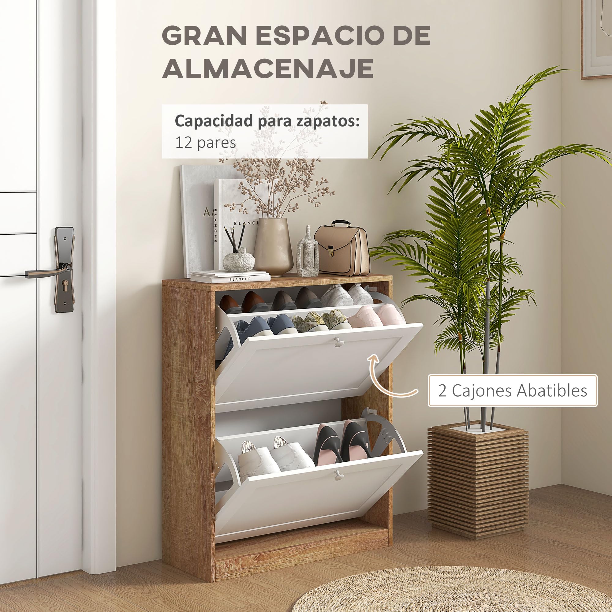 HOMCOM Zapatero Estrecho con 2 Puertas 60x24,5x75,5 cm Natural y Blanco | Zapatero para Entrada Recibidor,Estantes Regulables,Capacidad para 12 Pares de Zapatos,para Pasillo y Espacios Pequeños