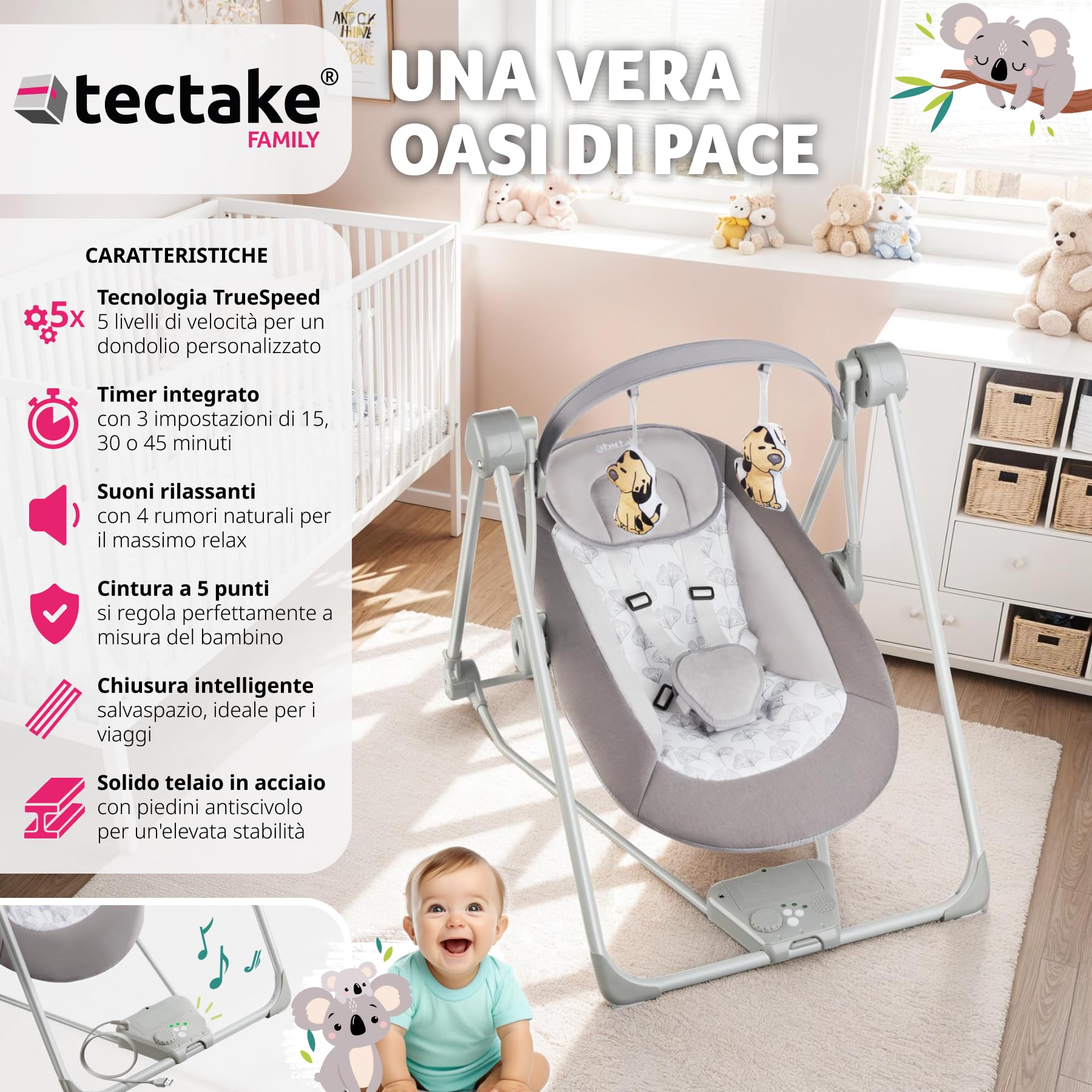 tectake® Dondolo Elettrico per Neonati, 5 Livelli di Velocità, Dondolo Bambini con Timer, Arco Giochi con Peluche, Dondolo per Bambini con Suoni Naturali Rilassanti - Grigio Chiaro