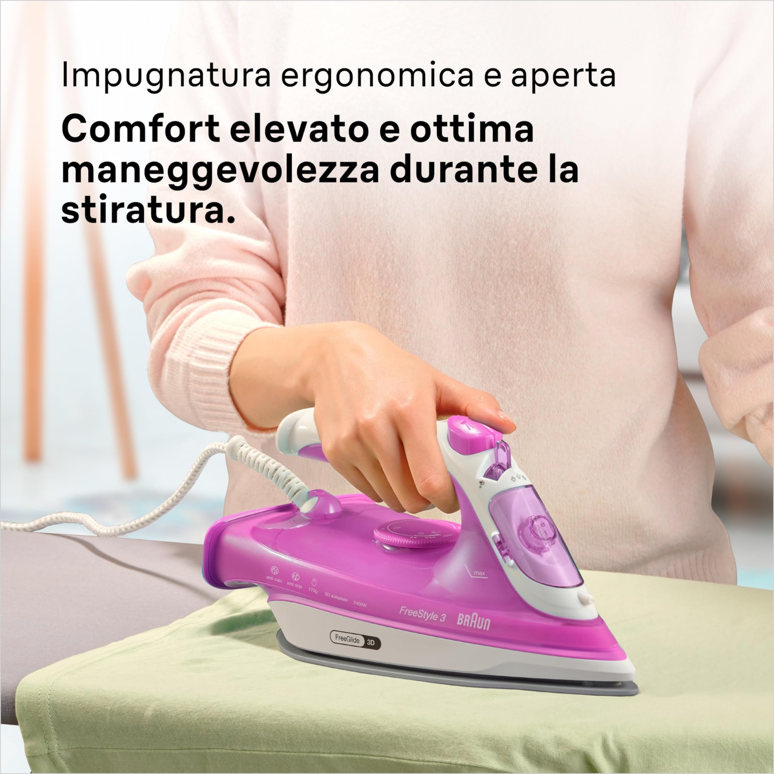 Braun FreeStyle3 FI3124PU Ferro da Stiro con 5 Anni di Assistenza, MODALITA' ECOMODE Risparmio Energetico, Tecnologia FreeGlide 3D, vapore 170g/min, AutoSpegnimento, Serbatoio acqua 270ml, 2700W,Viola