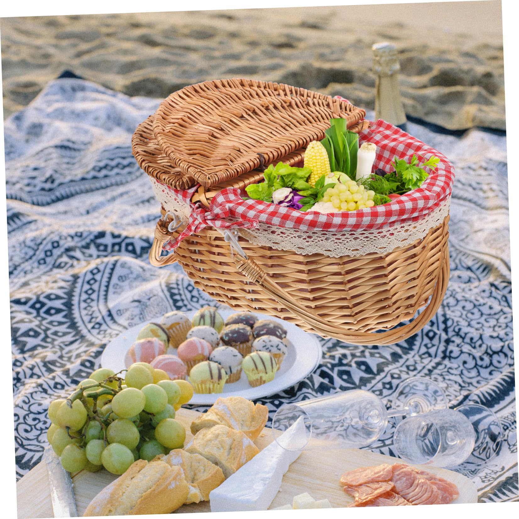 FRCOLOR Cestino da Picnic e in Vimini Rustico con Coperchio, Doppio Manico Portatile per e Giocattoli, per Banchetti e Picnic All'aperto