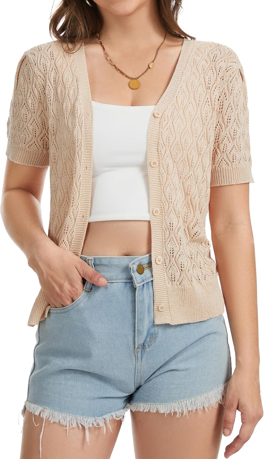 Short Sleeve Crochet Summer Cardigan Lightweight Open Front Cropped Button Up Sweater V Neck Hollow Out Beach Tops